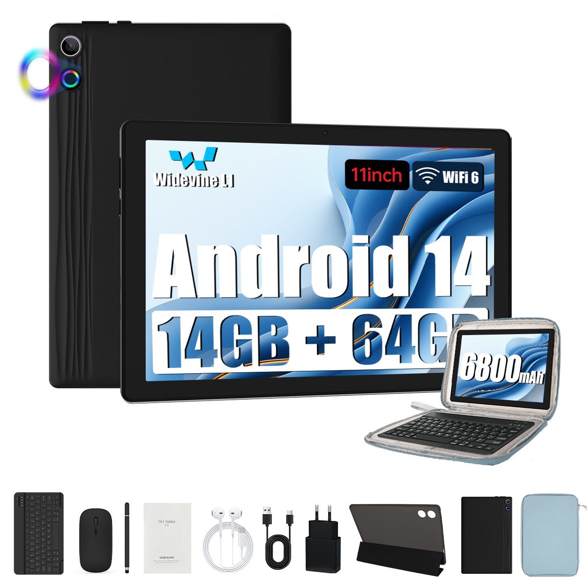 BUFO 11 Zoll Octa-Core 14(3+11)GB RAM+64GB 6800mAh, mit Tastatur Maus Stift Tablet (11", 64 GB, Android, AIC8800D80 802.11 a/b/g/n/ax/ac (WiFi 6) + BT5.3, Android 14, Duale Kamera, HD Display)