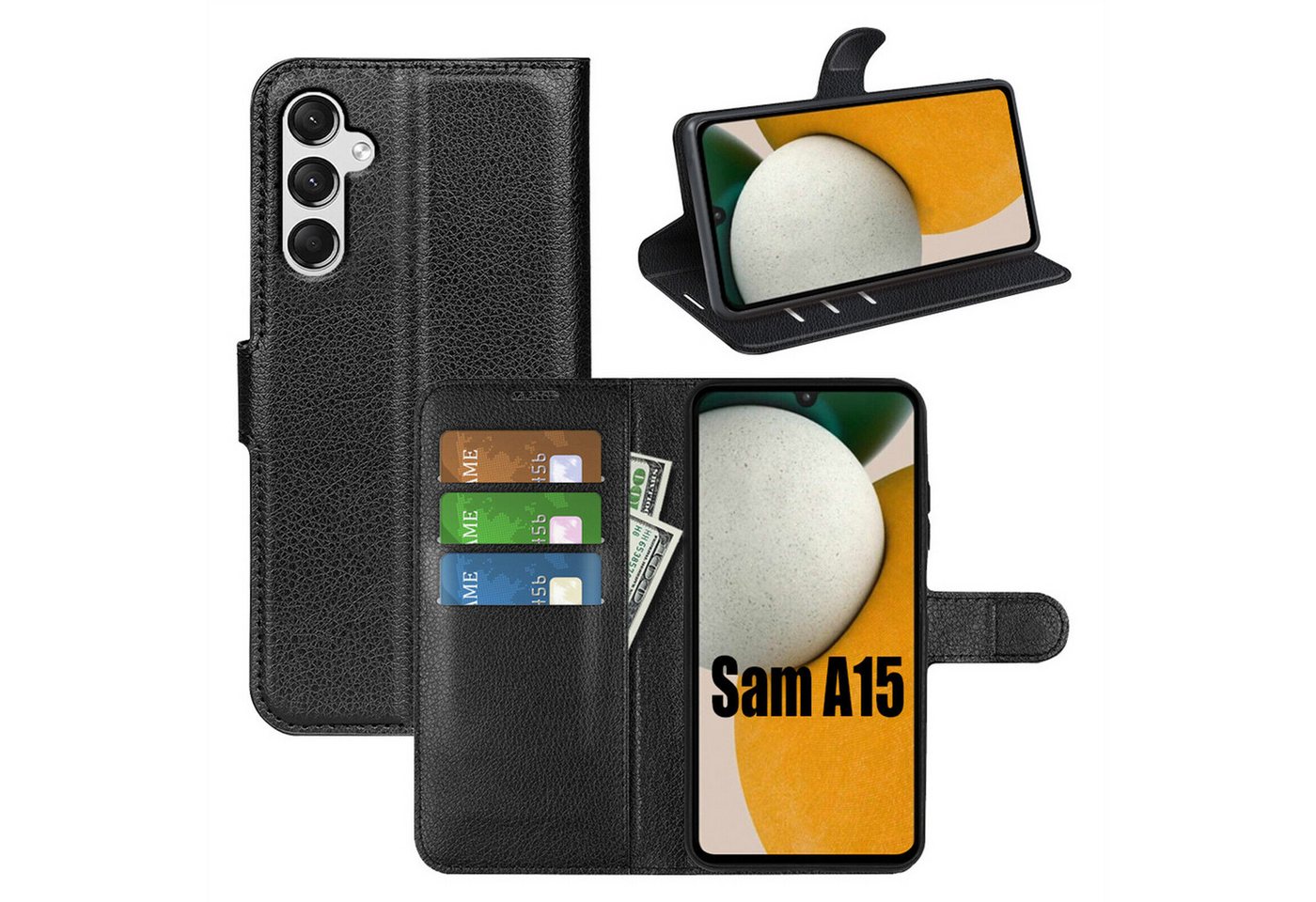 betterfon Handyhülle Handytasche für Samsung Galaxy A15 Klapphülle Schwarz, 3 Kartenfächer, Magnetverschluss & Standfunktion im Lederlook