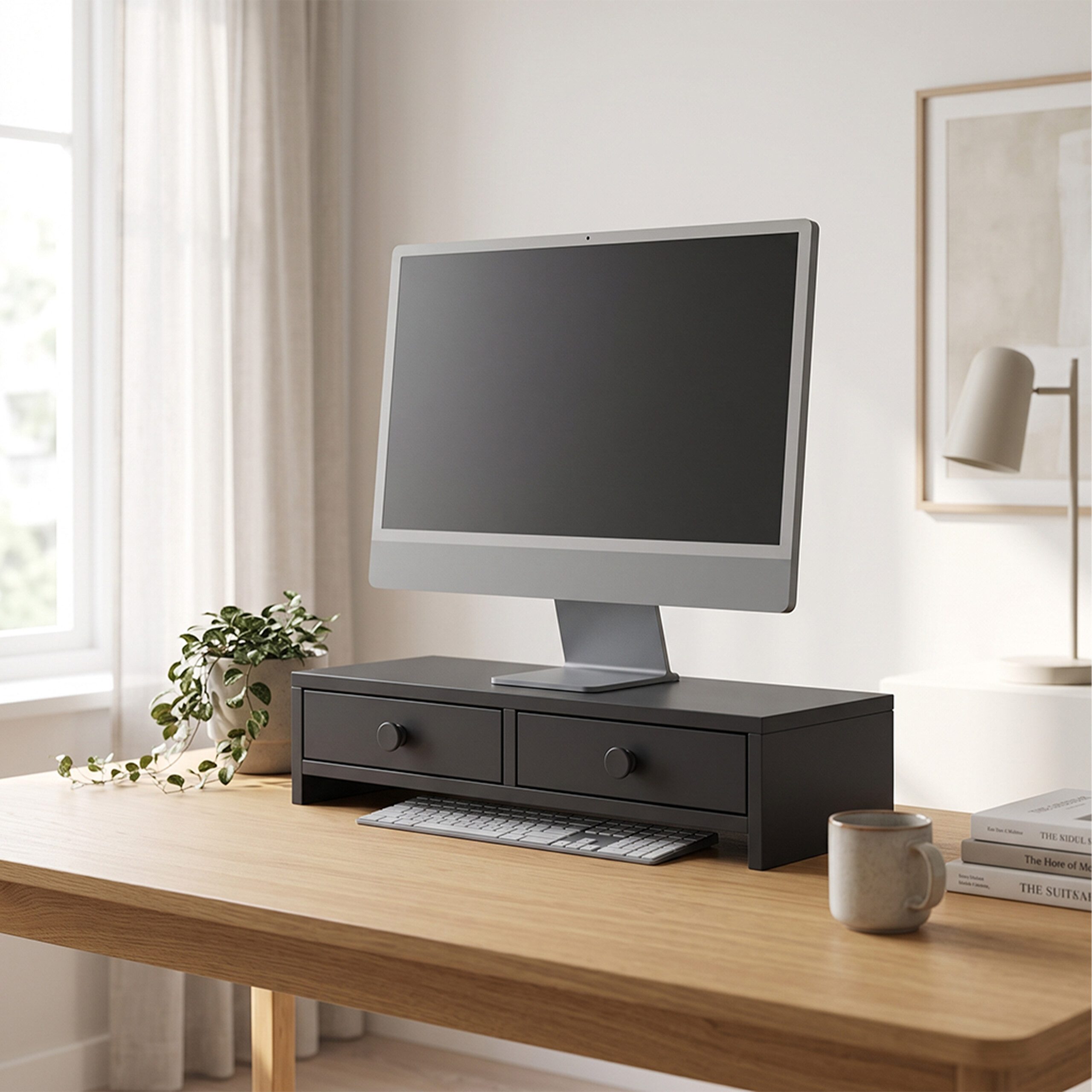 relaxdays Monitorständer mit 2 Schubladen, (1-tlg., schwarz) – Bild 2 von 5