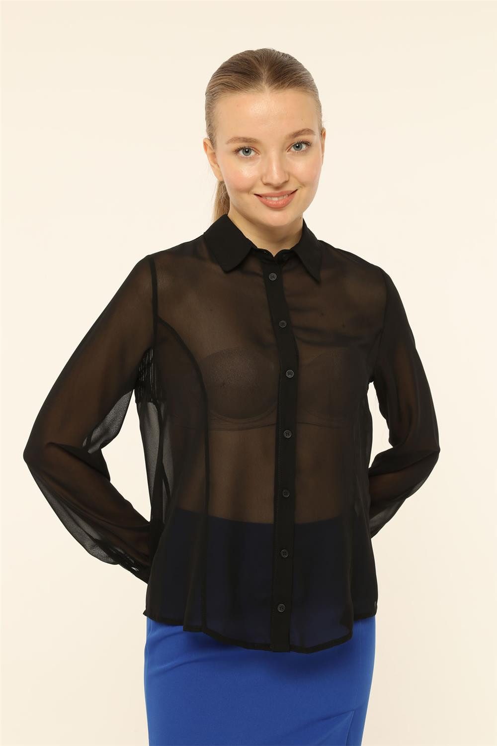 Hemdbluse Chiffon-Hemd mit Fransenrücken