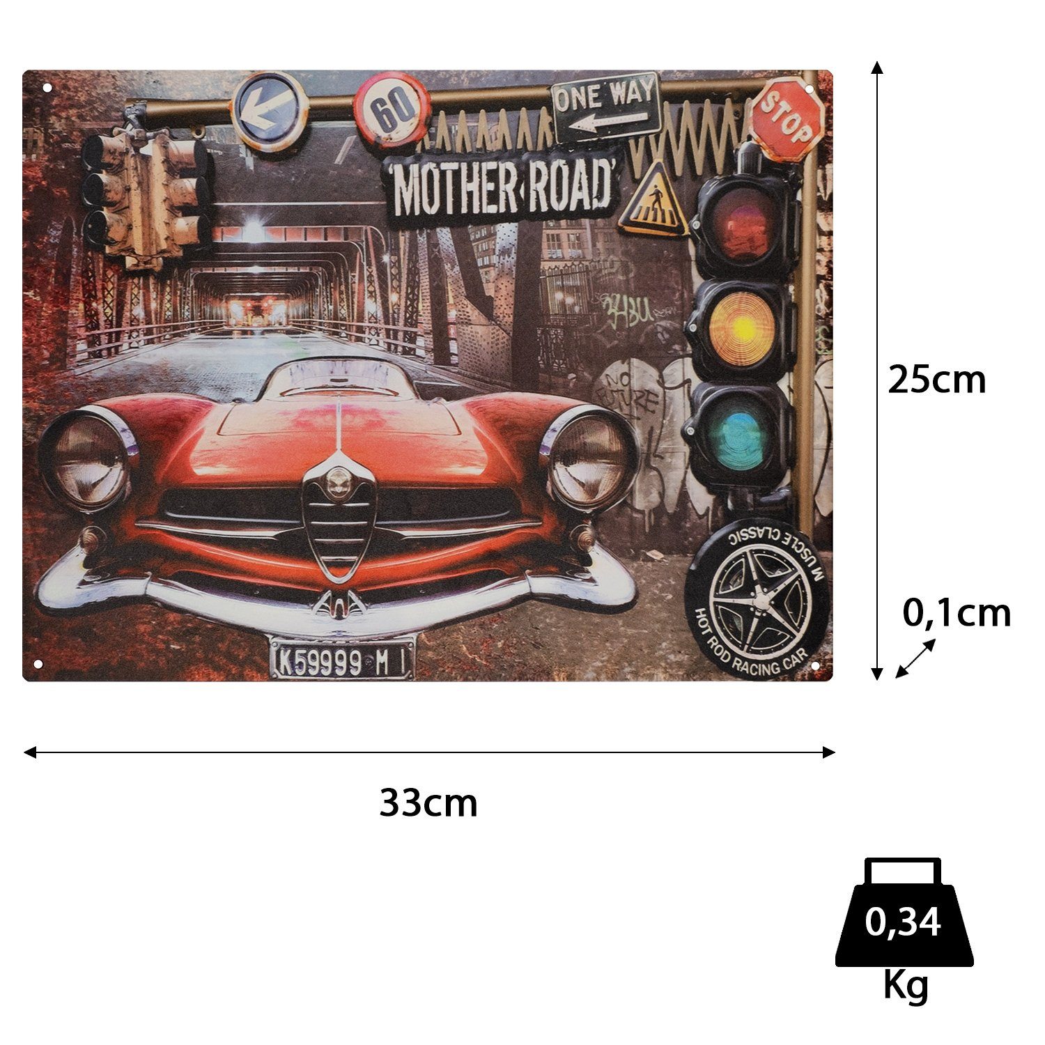 Moritz Metallschild Blechschild Mother Road Red Car, (Einzeln), 25 x 33 cm Vintage Retro Deko Schild Metallschild Wandbild Schild