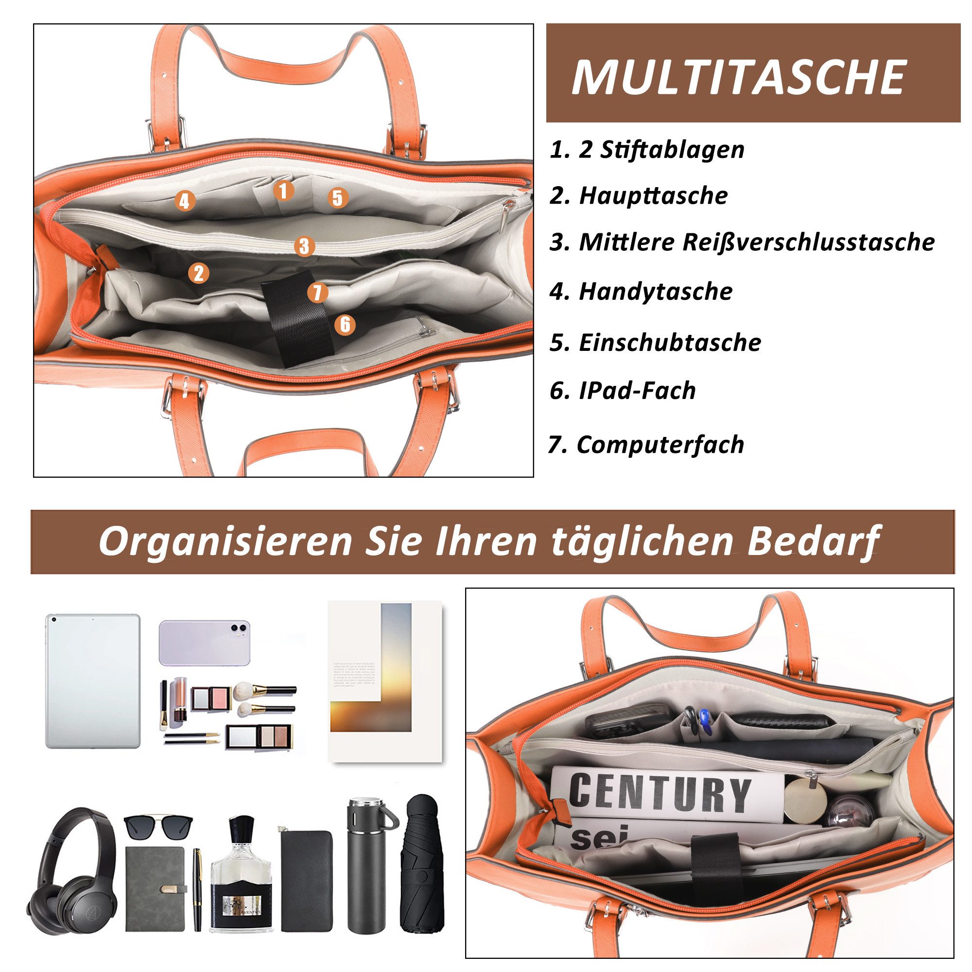 TAN.TOMI Aktentasche Große Business Handtasche Damen Leder Schultertasche Arbeit Schule, Bürotasche Damen 15 Zoll Notebooktasche mit 3 Fächern für Büro Schule