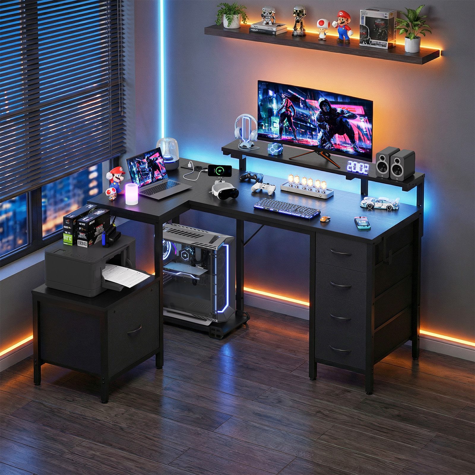 HOMALL Schreibtisch Gaming-Schreibtisch mit Stauraum, USB-Anschlüssen und LED-Beleuchtung (Monitorarm höhenverstellbar von 12 bis 27 cm, mit 5 mit Stoff ausgekleideten Schubladen, Montageoption links/rechts, Platz für Drucker)