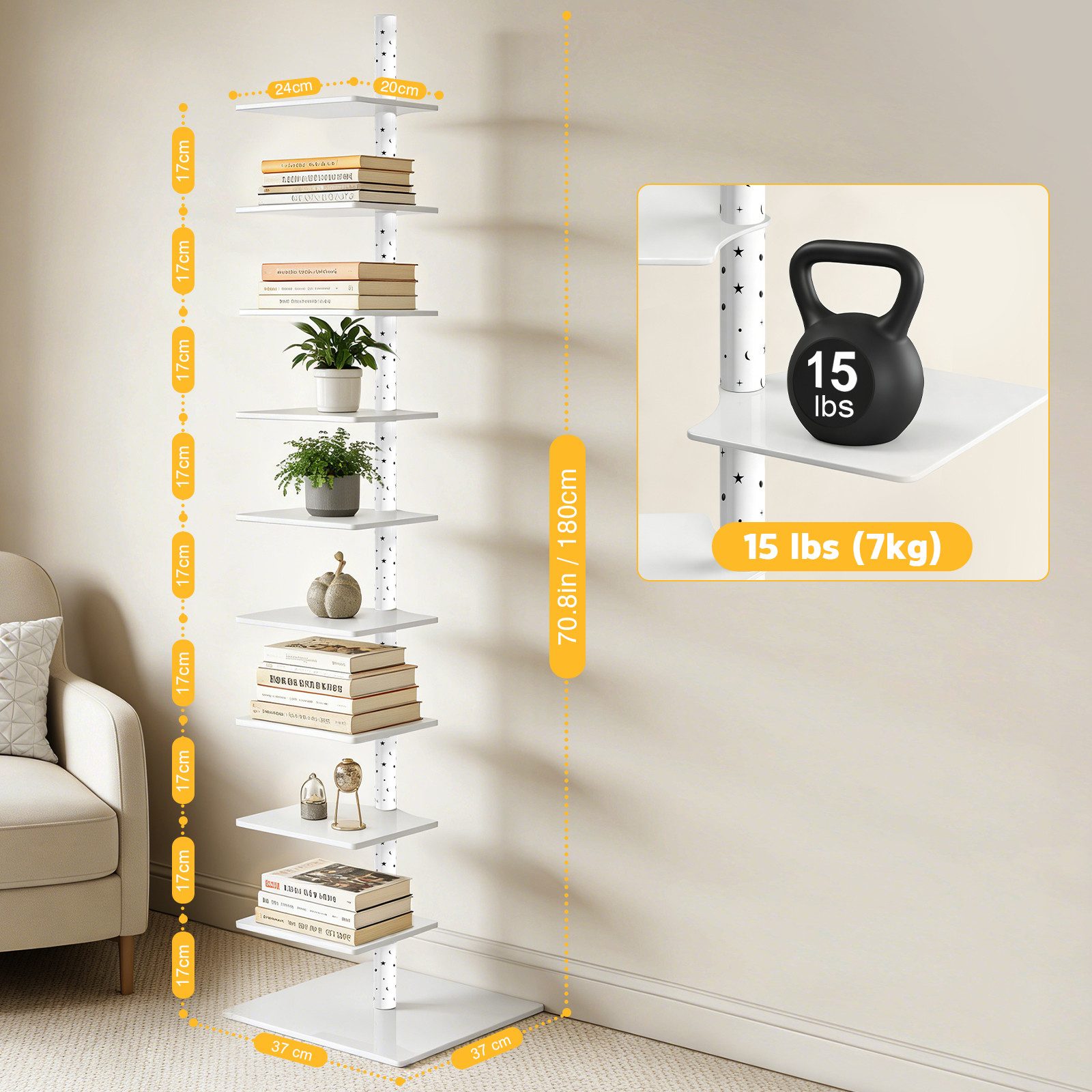XERSEK Bücherregal 9 Ebenen Bücherturm mit LED-Sternenlicht & Drehbaren Regalen, Weiß, 1.8m Metall Standregal, für Wohnzimmer Schlafzimmer Büro