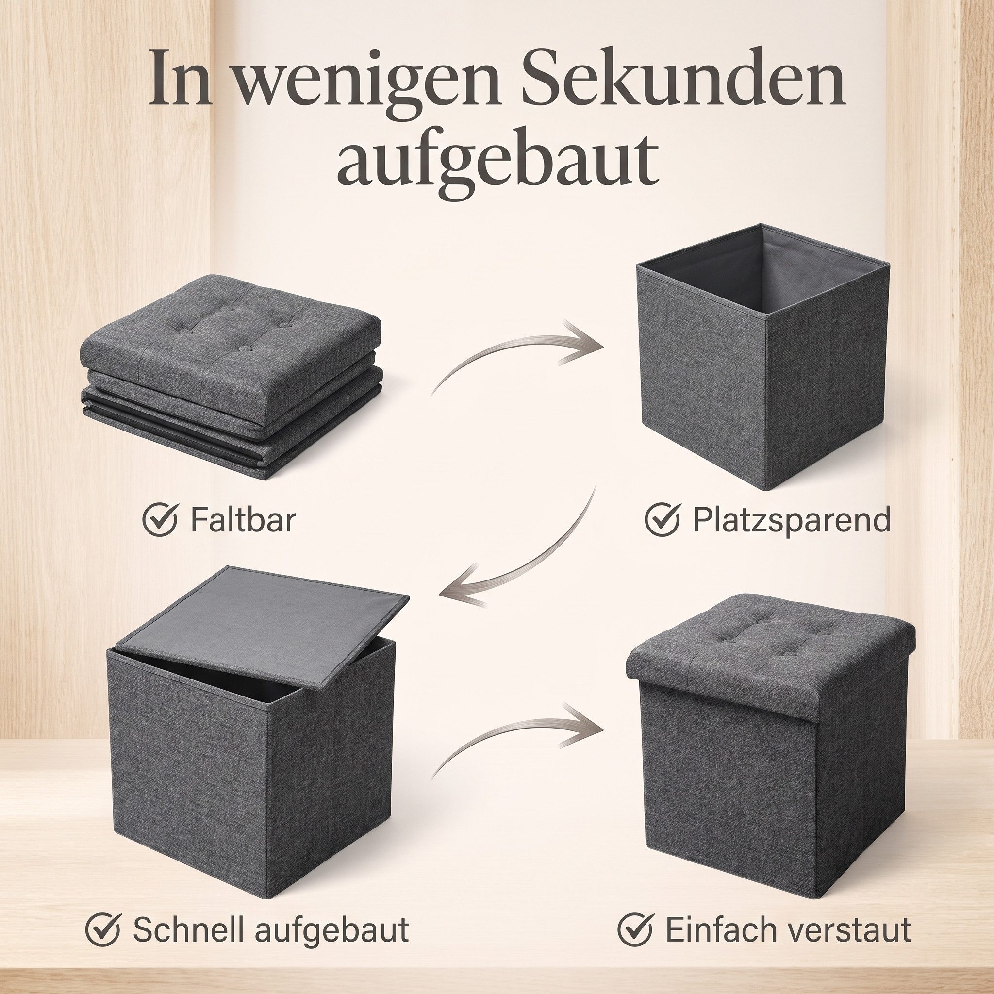 hausleben Sitzwürfel Sitzwürfel mit Stauraum – 38×38×38 cm, Aufbewahrungsbox & Sitzhocker (Einzelartikel, 1 St., 1-teilig), Faltbare Aufbewahrungsbox – Bild 4 von 5