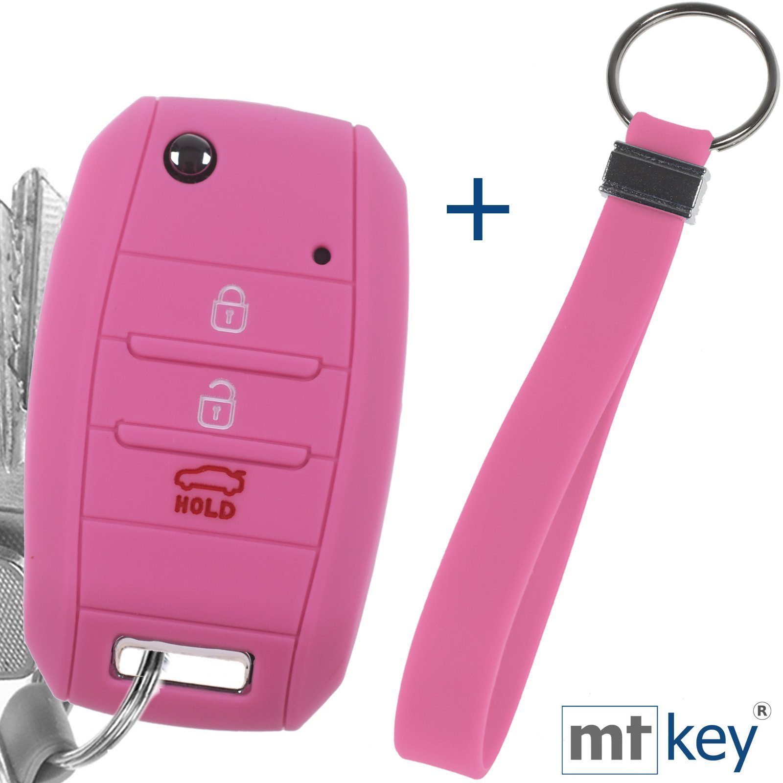 mt-key Schlüsseltasche Autoschlüssel Softcase Silikon Schutzhülle Rosa mit Schlüsselband, für KIA Picantio Rio Ceed Soul Sportage Stonic Carens 3 Tasten