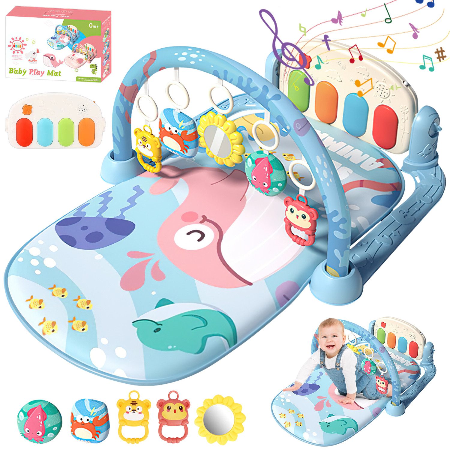 Cbei Spielbogen Spielbogen Krabbeldecke mit Musiktasten und lustigen Tiermotiven blau, (Baby Klavierständer, 1-tlg., 1-st), Frühes Entwicklungsspielzeug für Baby