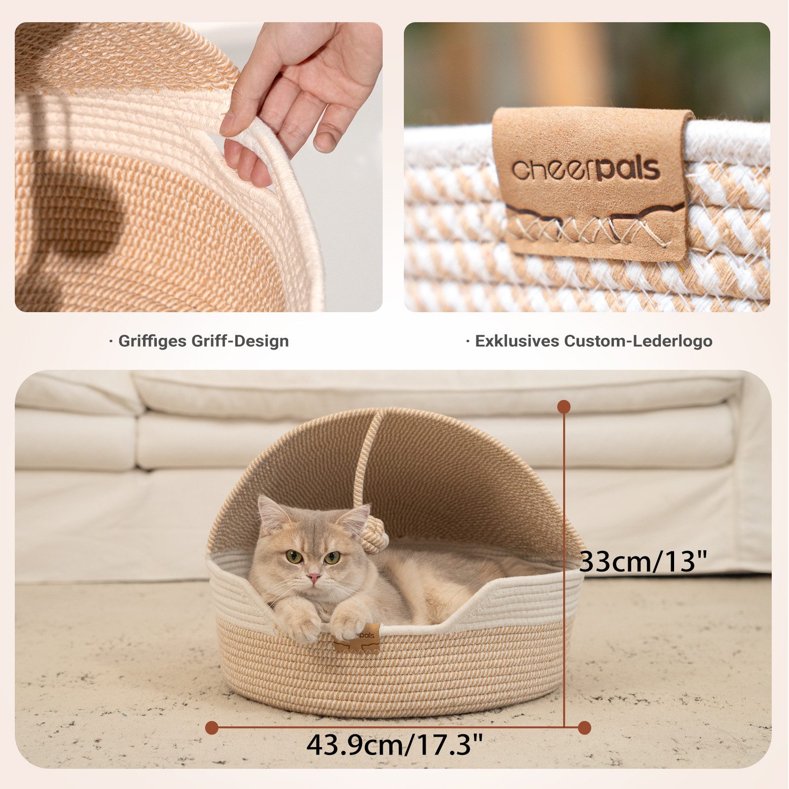 CheerPals Tierbett Geflochtene 2-in-1 Katzenhöhle & Katzenbett mit waschbarem Kissen, Vliesstoff/Polyester