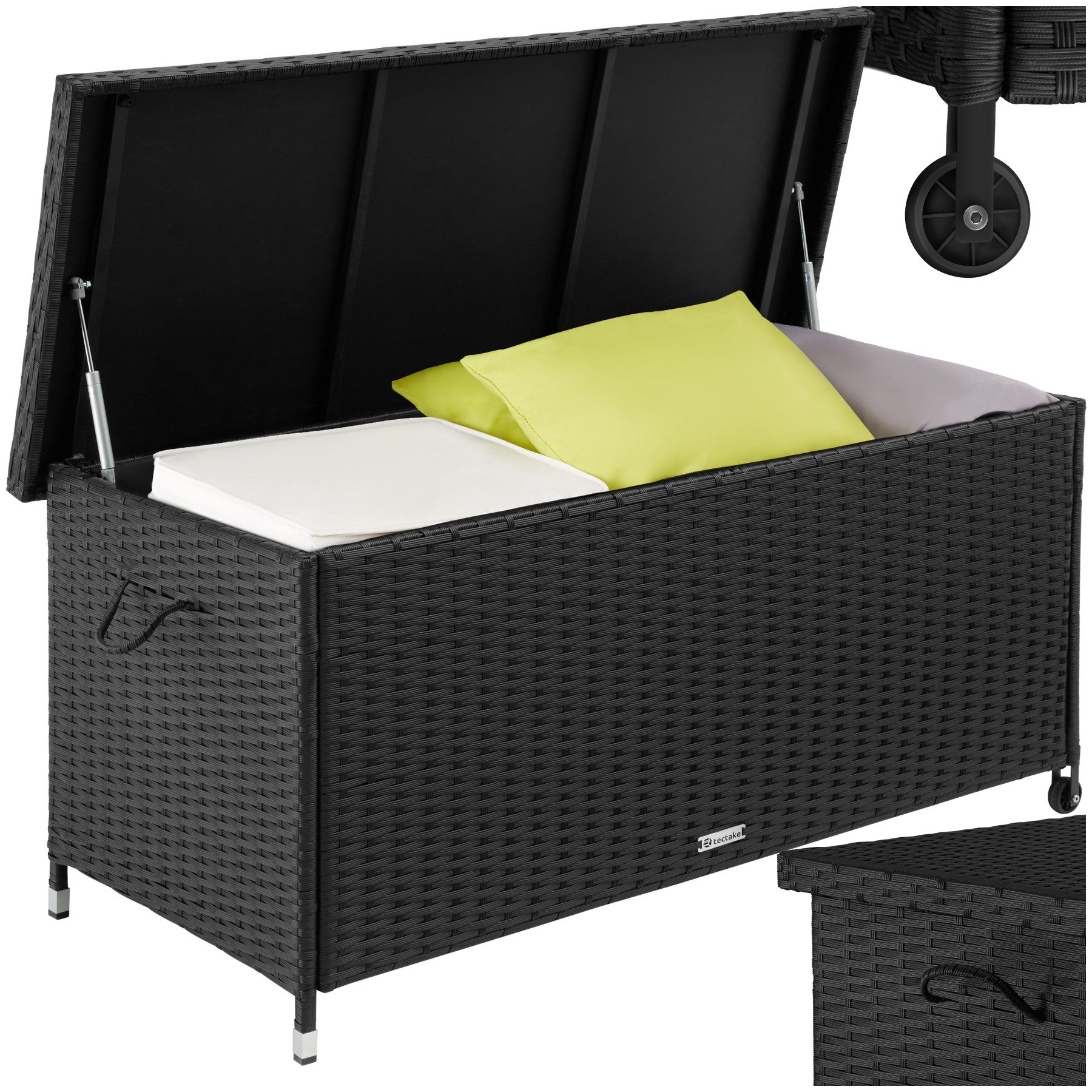 tectake Gartenbox Aluminium Auflagenbox mit Rattangeflecht, 121 x 56 x 60 cm (Kissenbox Kiruna, in schwarz, 270 L), UV-beständig, 2 Rollen, mit Reißverschluss und Zahlenschloss
