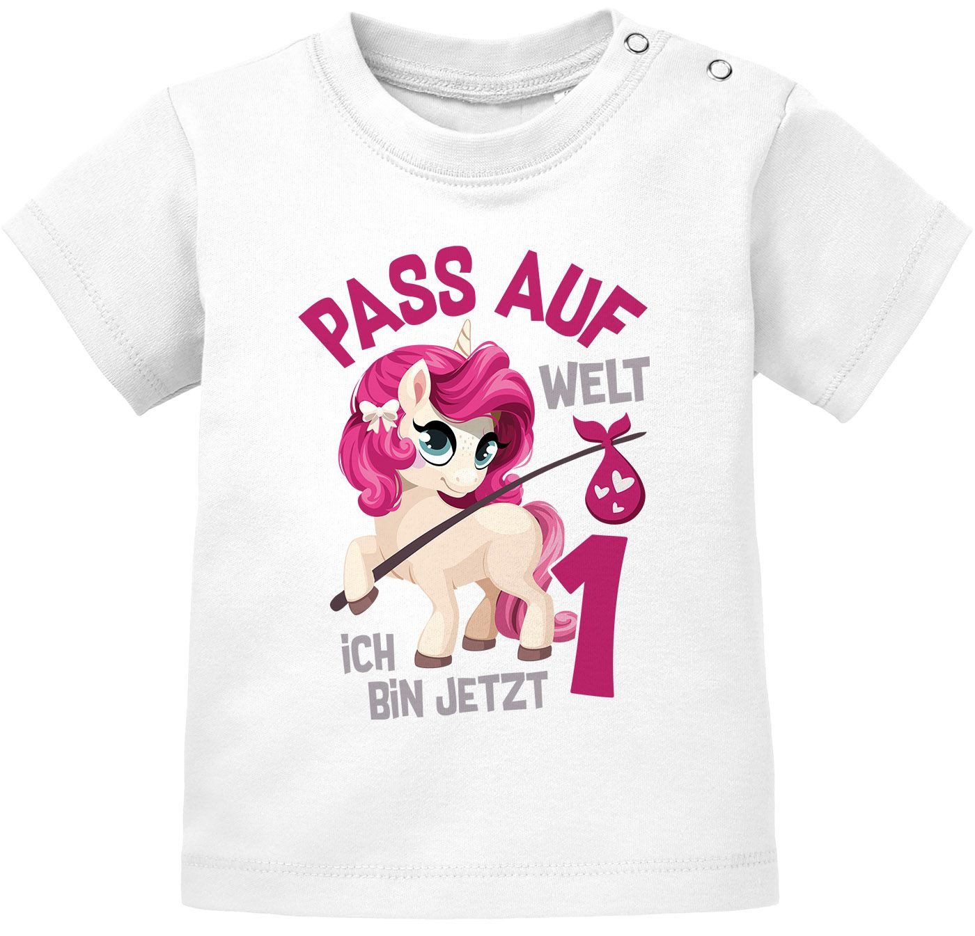 Print-Shirt Baby T-Shirt Geburtstagsshirt Einhorn Pass auf Welt ich bin jetzt 1