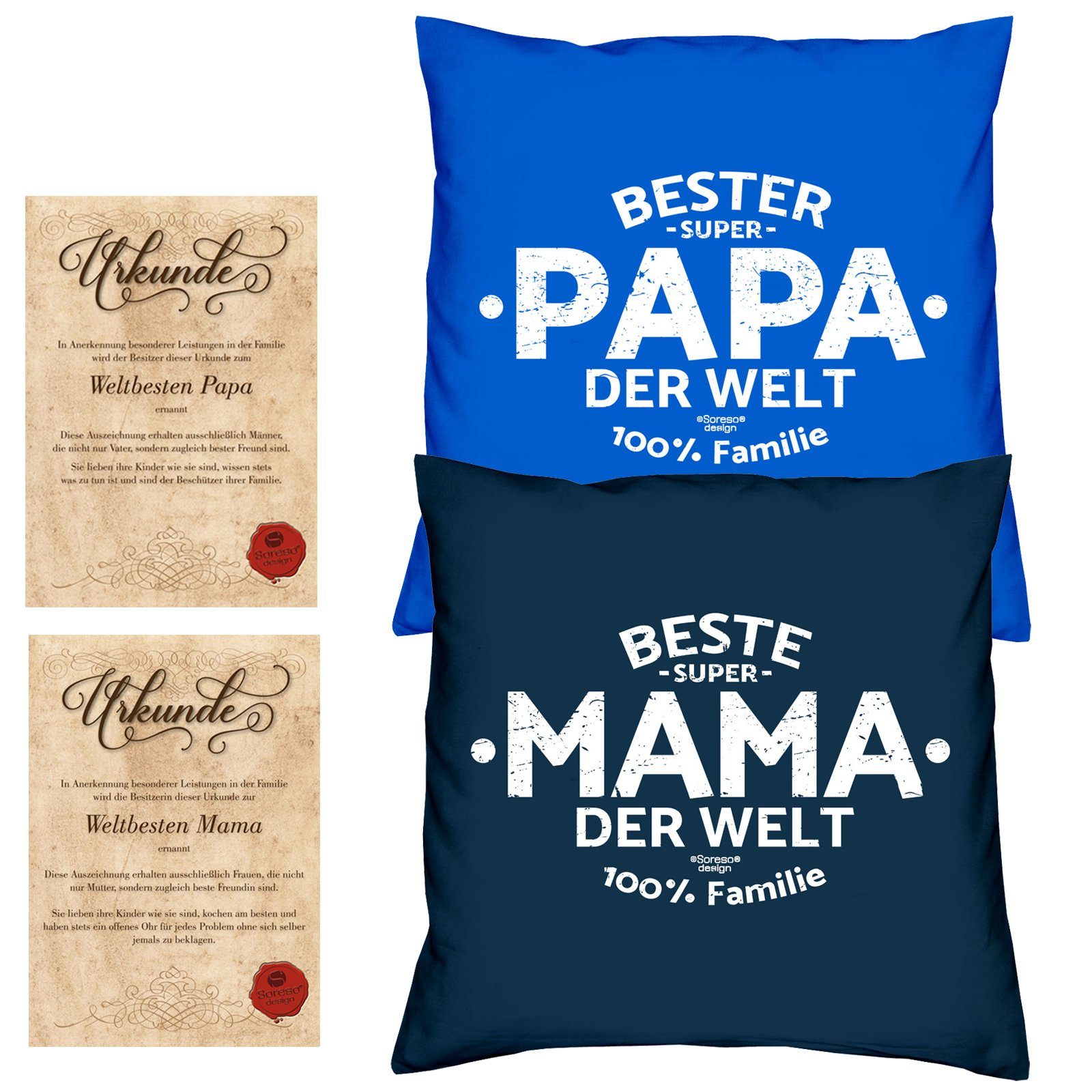 Soreso® Dekokissen Kissen-Set Beste Mama der Welt Bester Papa der Welt mit Urkunden, Vatertagsgeschenk Muttertagsgeschenk Set royal-blau