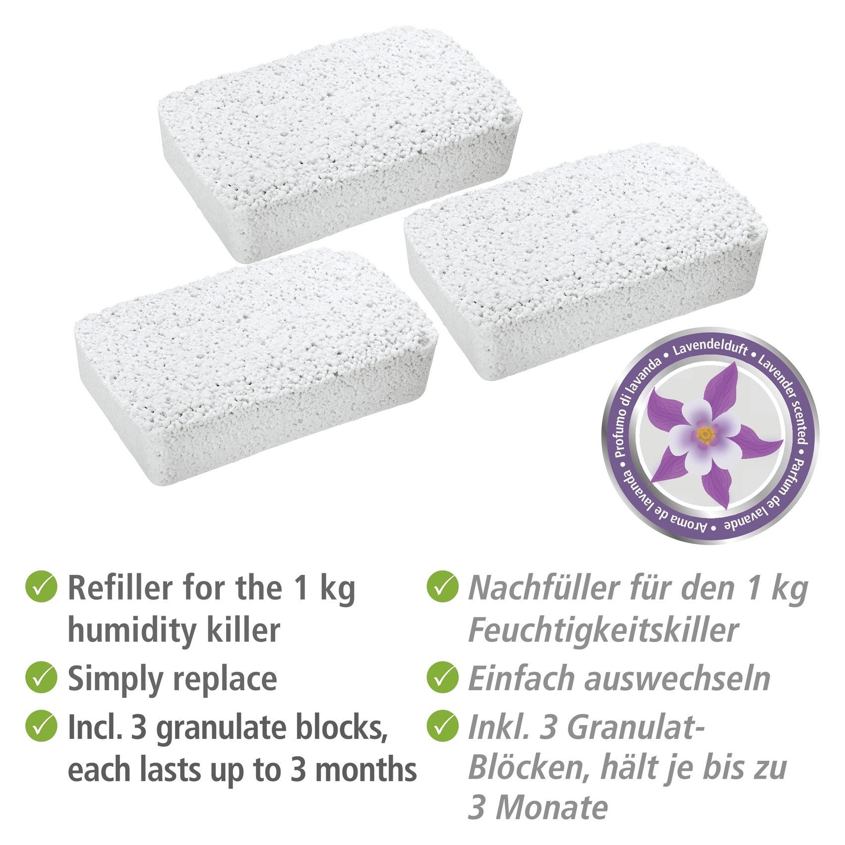WENKO Raumentfeuchter-Nachfüllpack Lavendelduft, für Luftentfeuchter Feuchtigkeitskiller 1 kg, Lavendel, Packung, 3-er Set Nachfüllpack für Raumentfeuchter, geräuschlos, ohne Strom