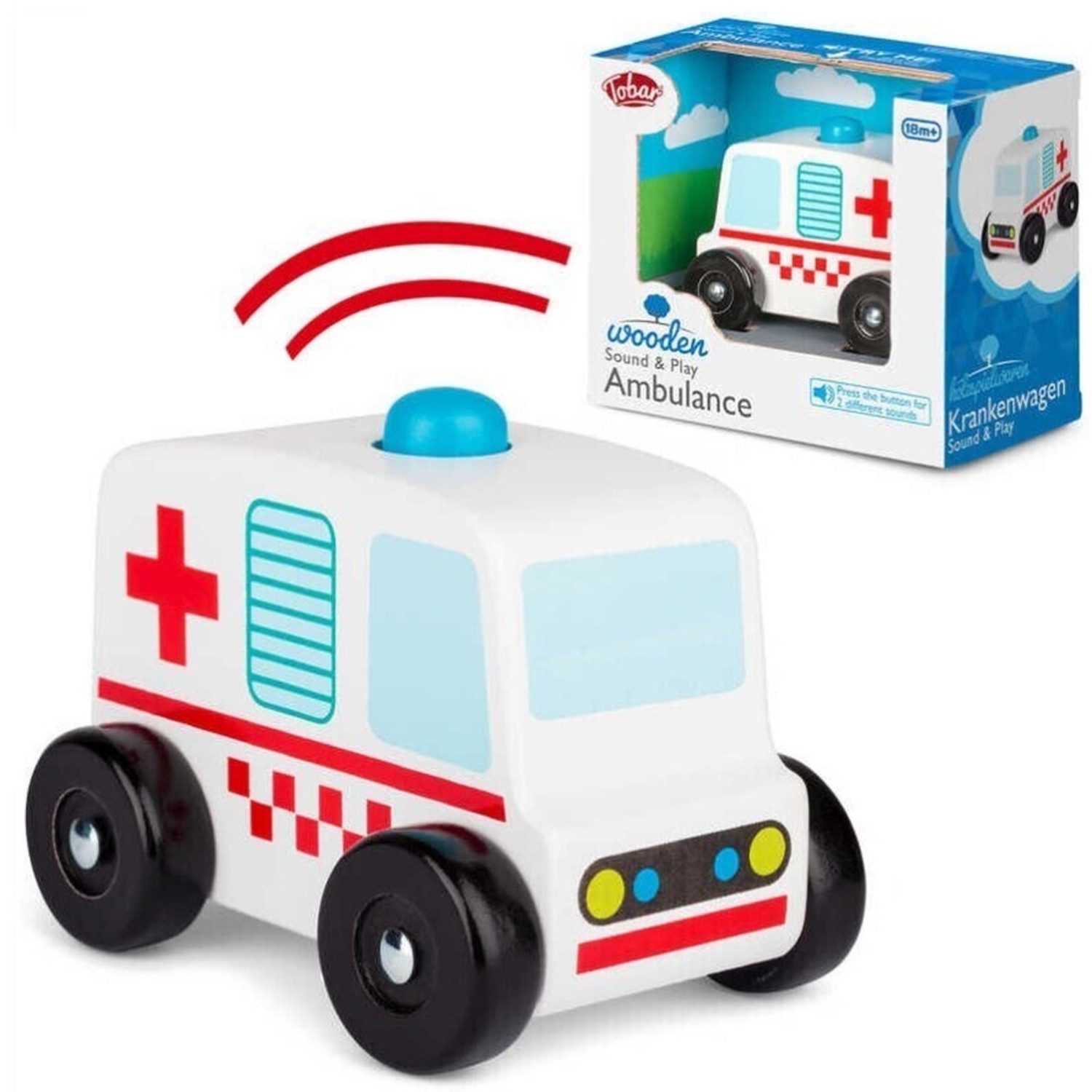 TOBAR Modellauto Krankenwagen Spielzeugauto aus Holz mit Sound