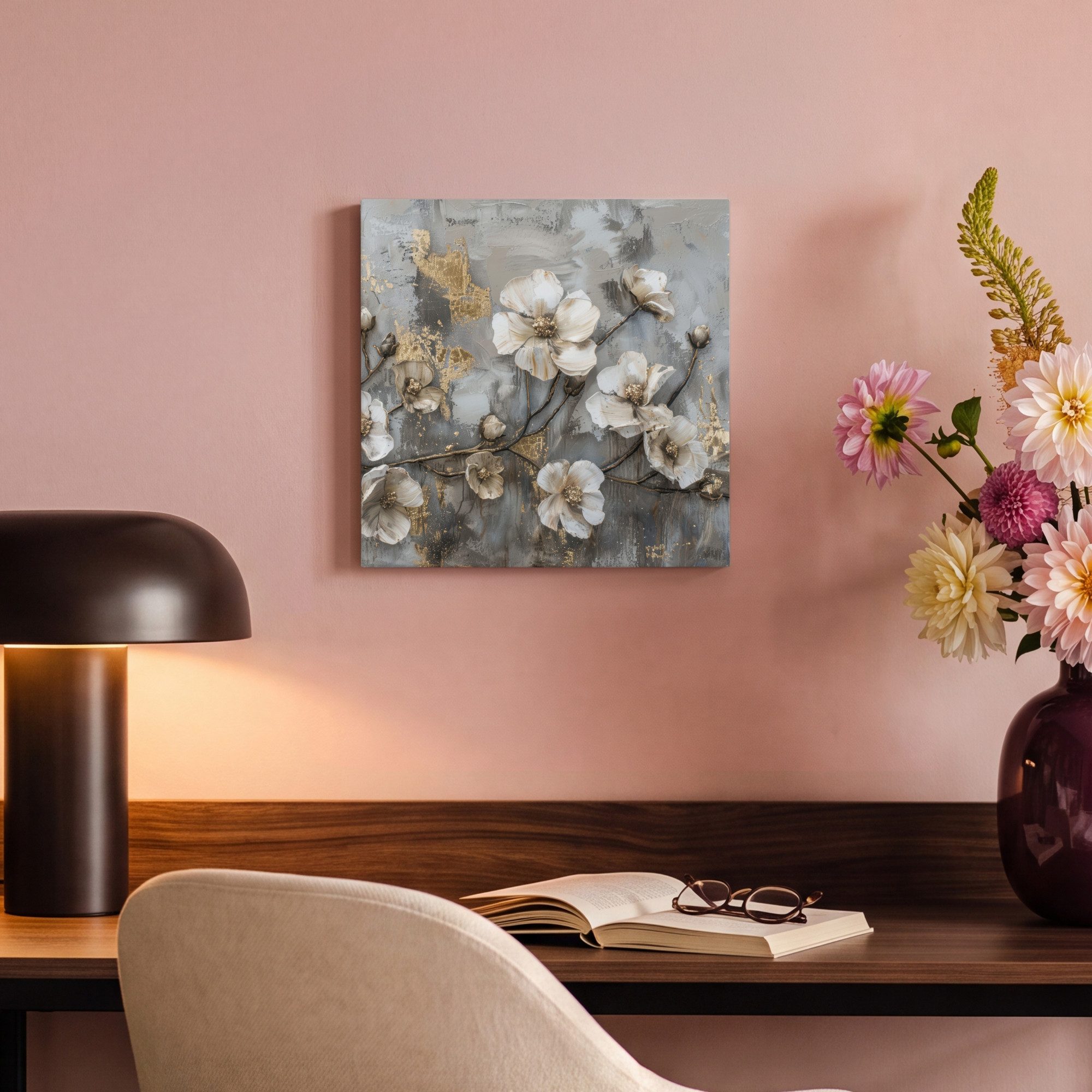 OneMillionCanvasses® Leinwandbild Blumen - Weiß - Grau - Gold - Luxus, Fotodruck (1 St), Leinwand Bilder Klein, Wand Dekoration Aesthetic 30x20 cm – Bild 4 von 5
