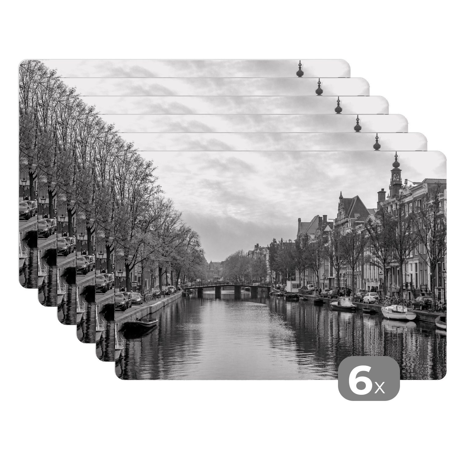 Prinsengracht Schmutzabweisend Tischmatten, (6-St), Alltägliches schwarz-weiß, Bild Platzdecken, der - in MuchoWow, Platzset, Platzmatte, Platzset, Amsterdam