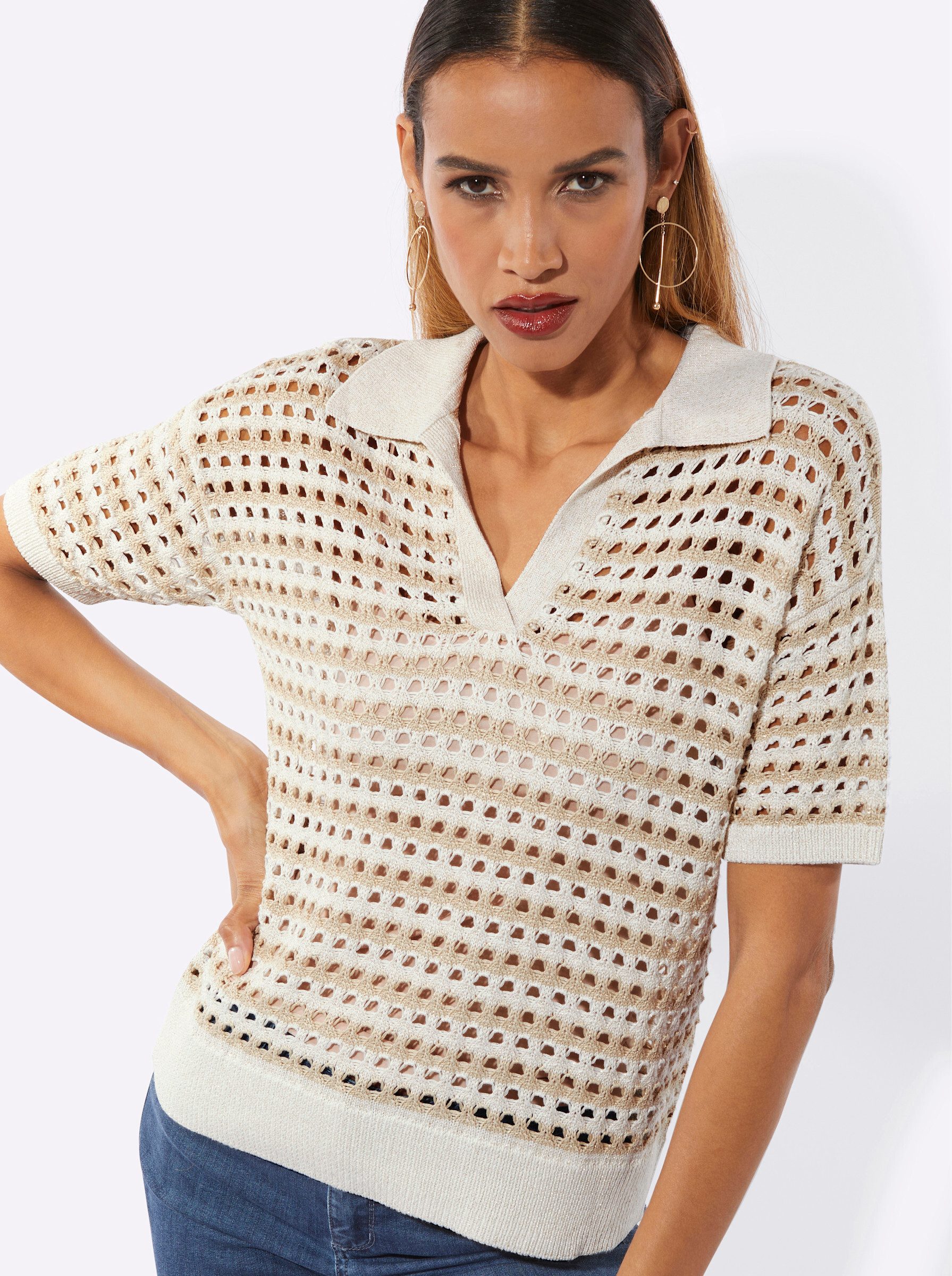 creation L Strickpullover Lyocell-Viskose-Pullover Kurzarm Ajour