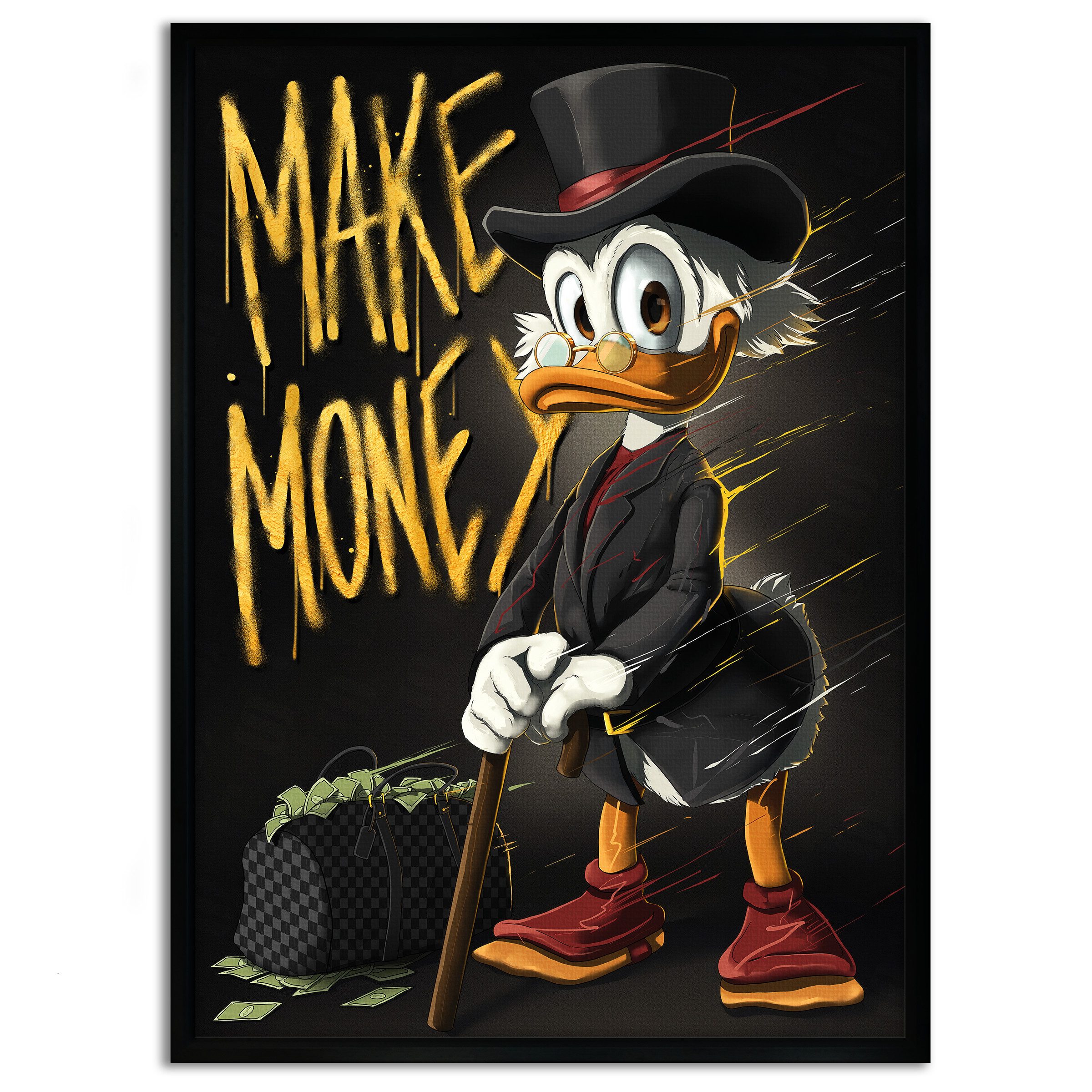 SimpleCanvas Wandbild Make Money Dagobert - Leinwandbild Pop Art / Motivation, Wandbild Dagobert Duck, Geld, Luxuriös