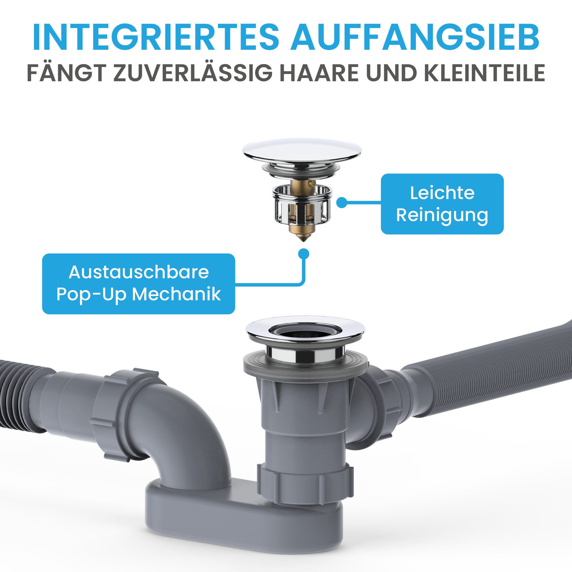 Bächlein Ablaufgarnitur Badewanne Pop-Up - mit Pop Up Funktion und Haarsieb (Set, Komplettset inkl. flexiblem Überlauf, Überlaufblende & Siphon) Pop-Up