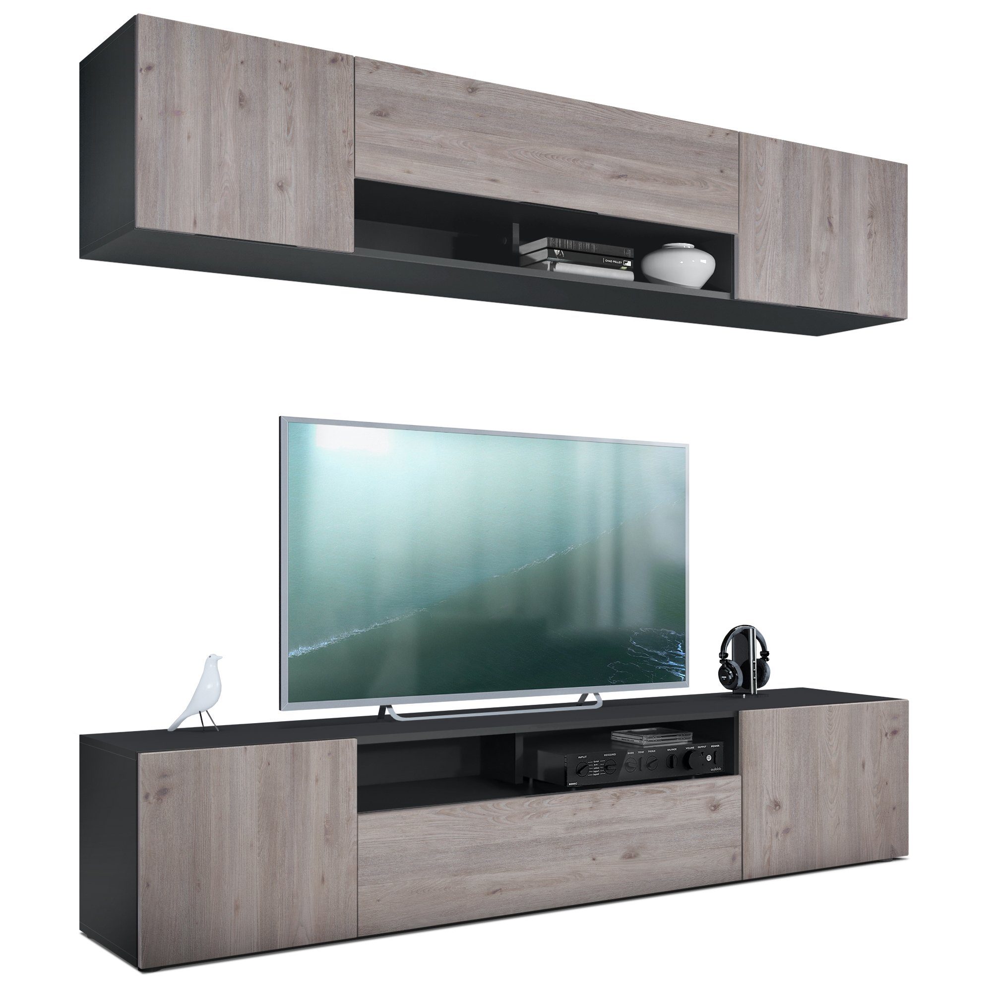 Vladon Wohnwand Mogan, aus matt/Eiche Klappe 1 2x Schwarz Fronten Nordic Fach), 35 x TV-Boards, 39 (181 in Türen, 1 mit 2 cm) (Anbauwand Eiche 2 und Nordic x offenes bestehend jeweils 2-St