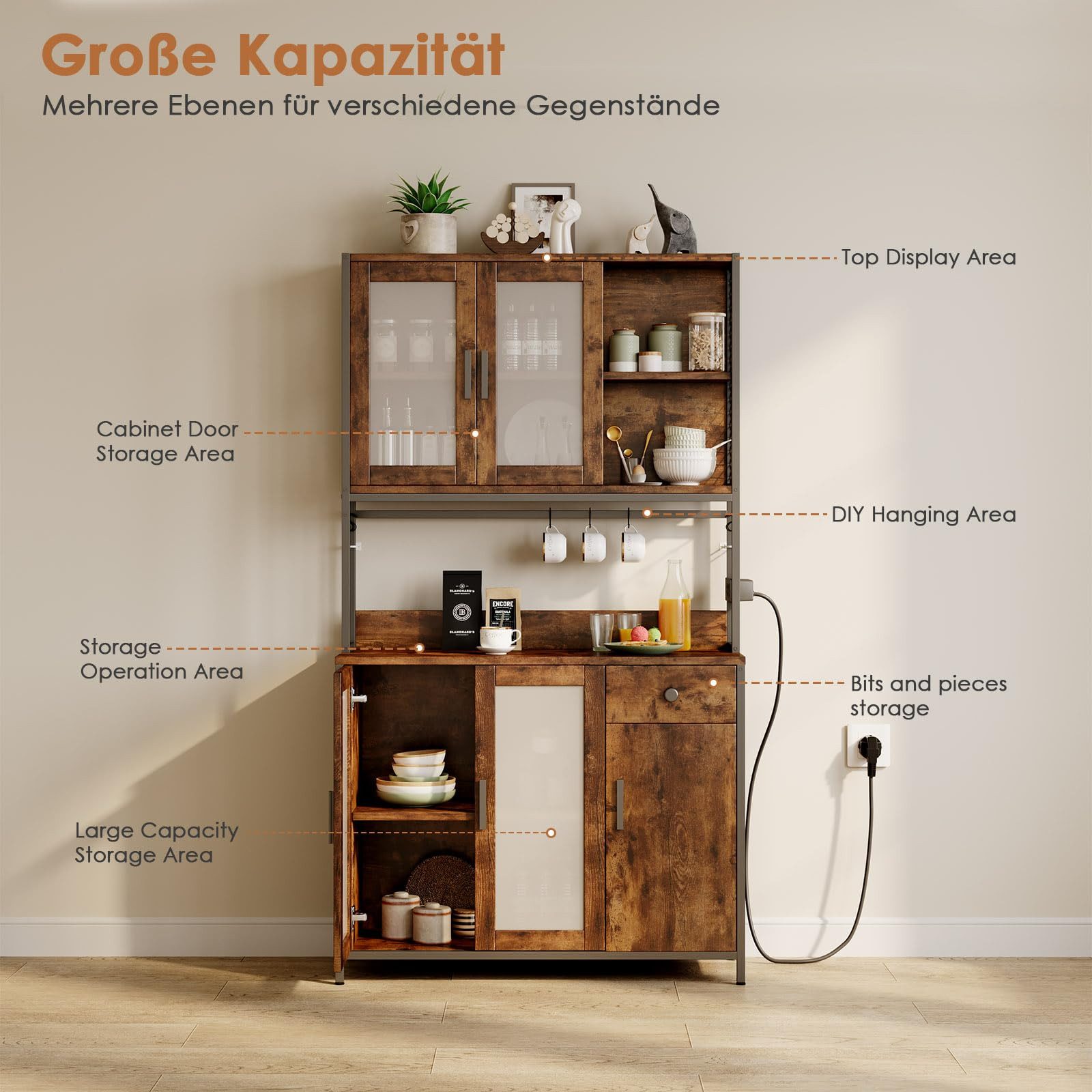 Dripex kitchen buffet, kitchen cabinet, buffet cabinet with worktop, 181cm high