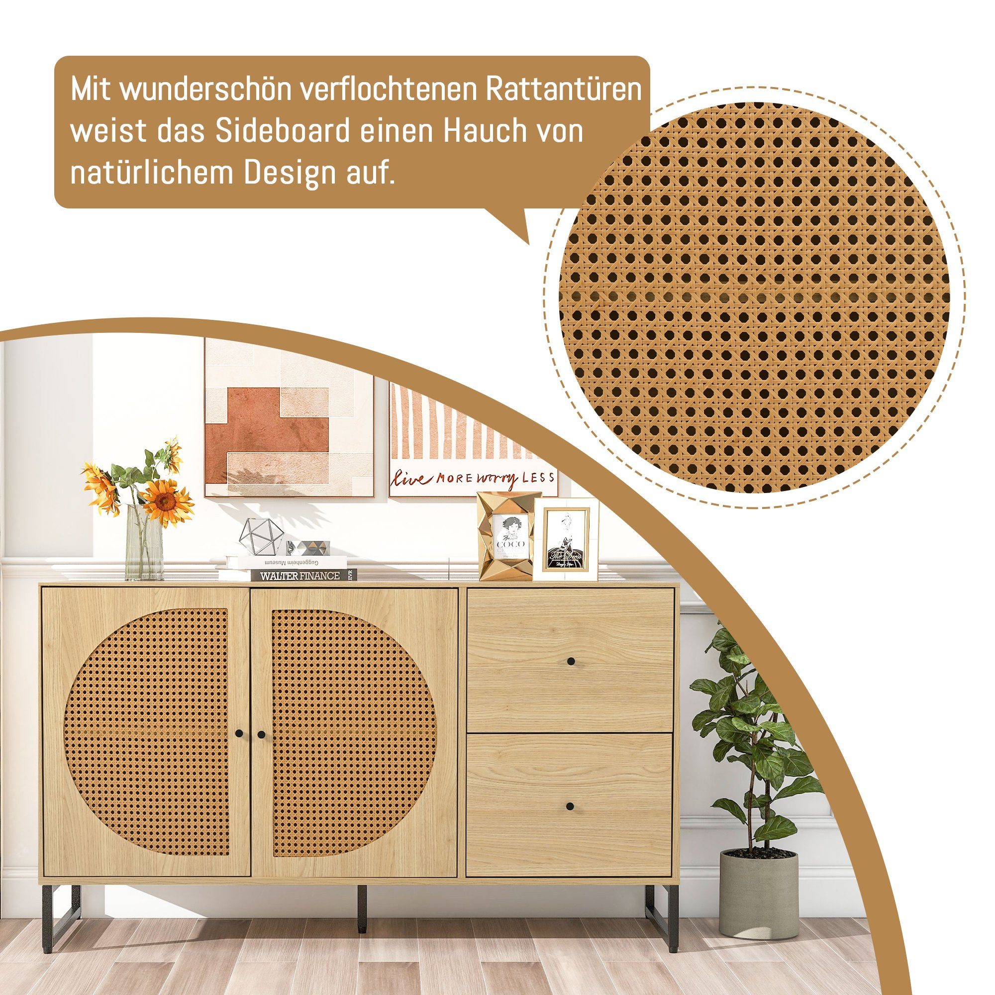 REDOM Sideboard Kommode und Metallgriffe Highboard (mit Kommode Türen mit Rattan Mehrzweckschrank verzierten 2 2 Schubladen Eiche Küchenschrank)