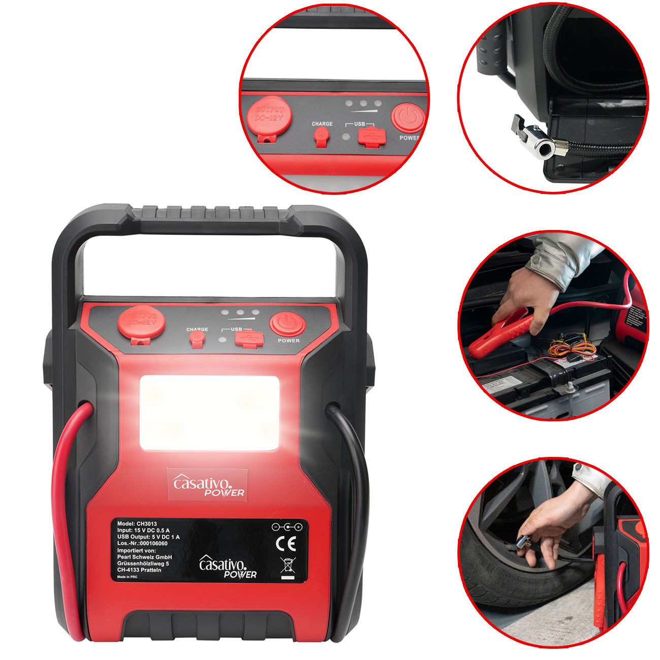 Casativo Auto-Starthilfe-Booster 600A/17bar Kompressor Powerbank LED-Licht Starthilfegerät (12 V / 230 V V), 9Ah Powerbank/Leuchtmittel 60 lm/USB-Ladeport
