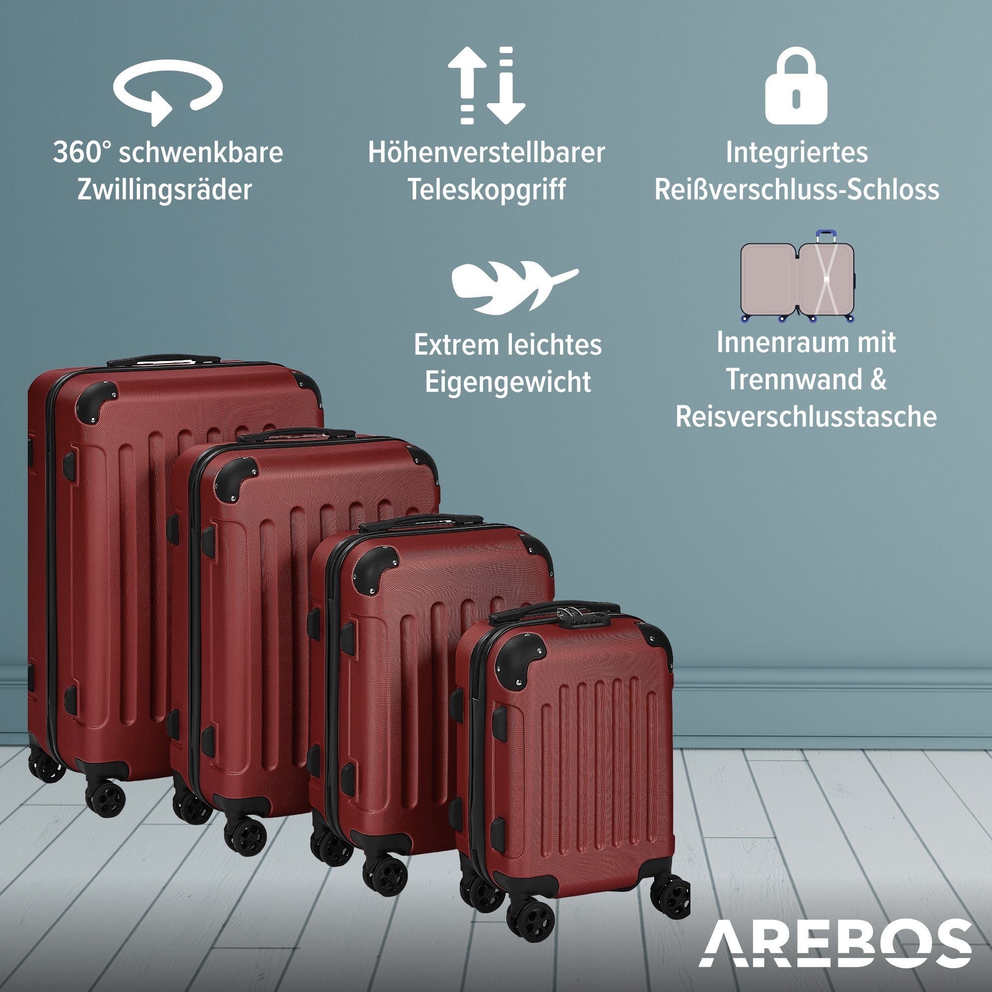 Arebos Kofferset Reisekoffer 4er Set Hartschalen Koffer Trolley S-M-L-XL-Set, 4 Rollen, (Set, Rot), Teleskopstange
