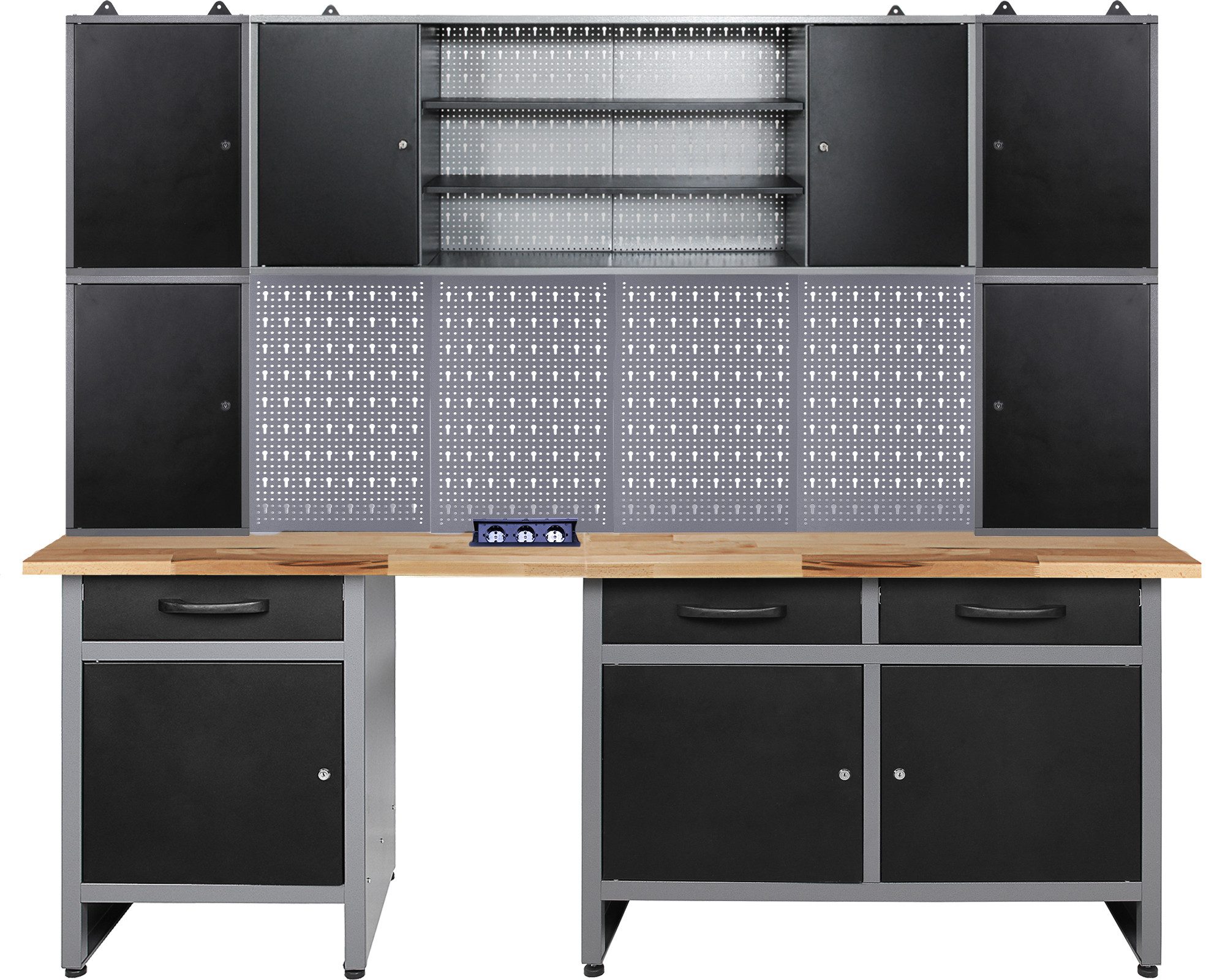 ONDIS24 Aufbewahrungsbox Rundum Heimwerker, Werkbank, Hängeschrank, Steckdosenleiste, Buchenholzarbeitsplatte