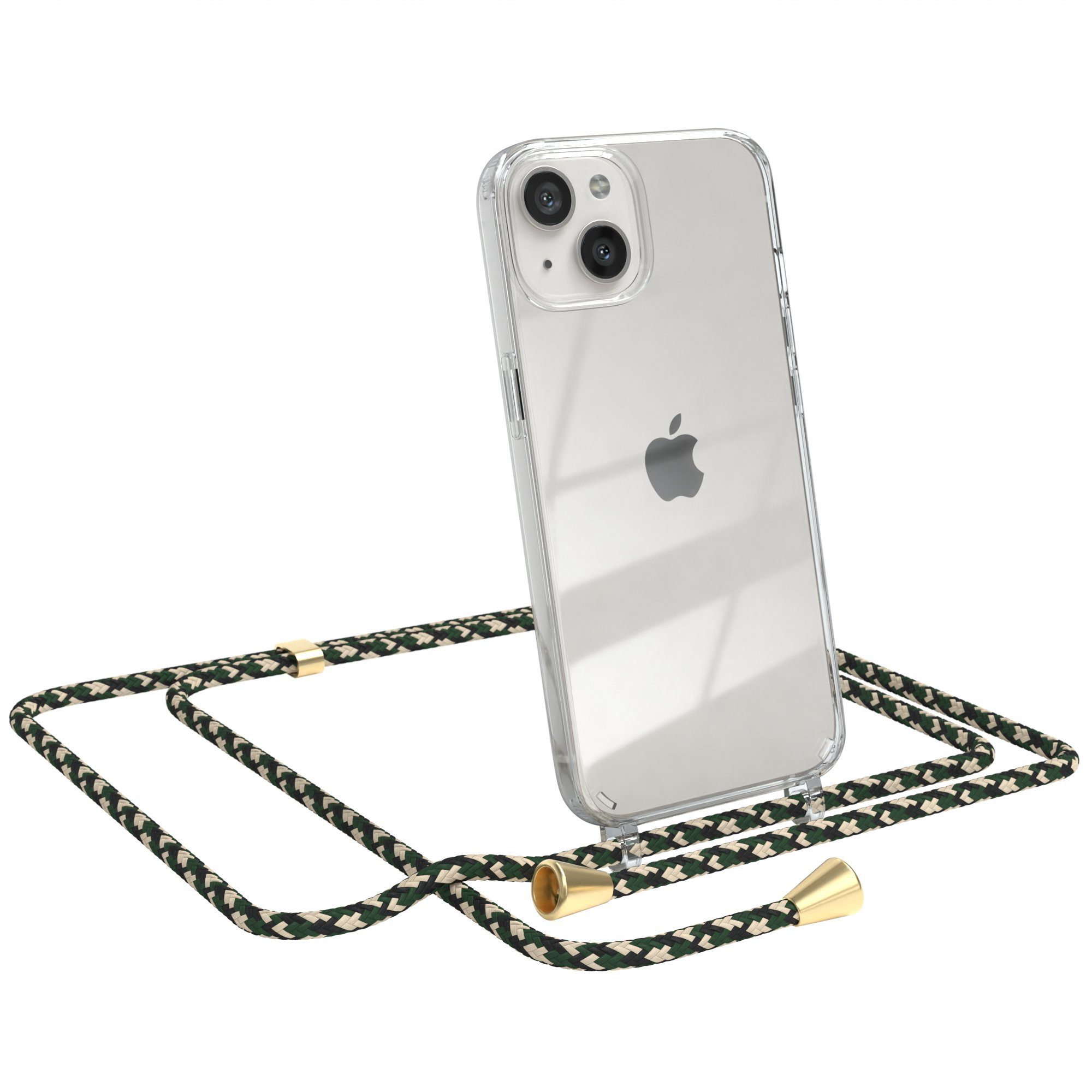 EAZY CASE Handykette Hülle mit Kette für Apple iPhone 13 6,1 Zoll, Handykette zum Umhängen Hülle mit Kordel Rundes Band Grün Camouflage