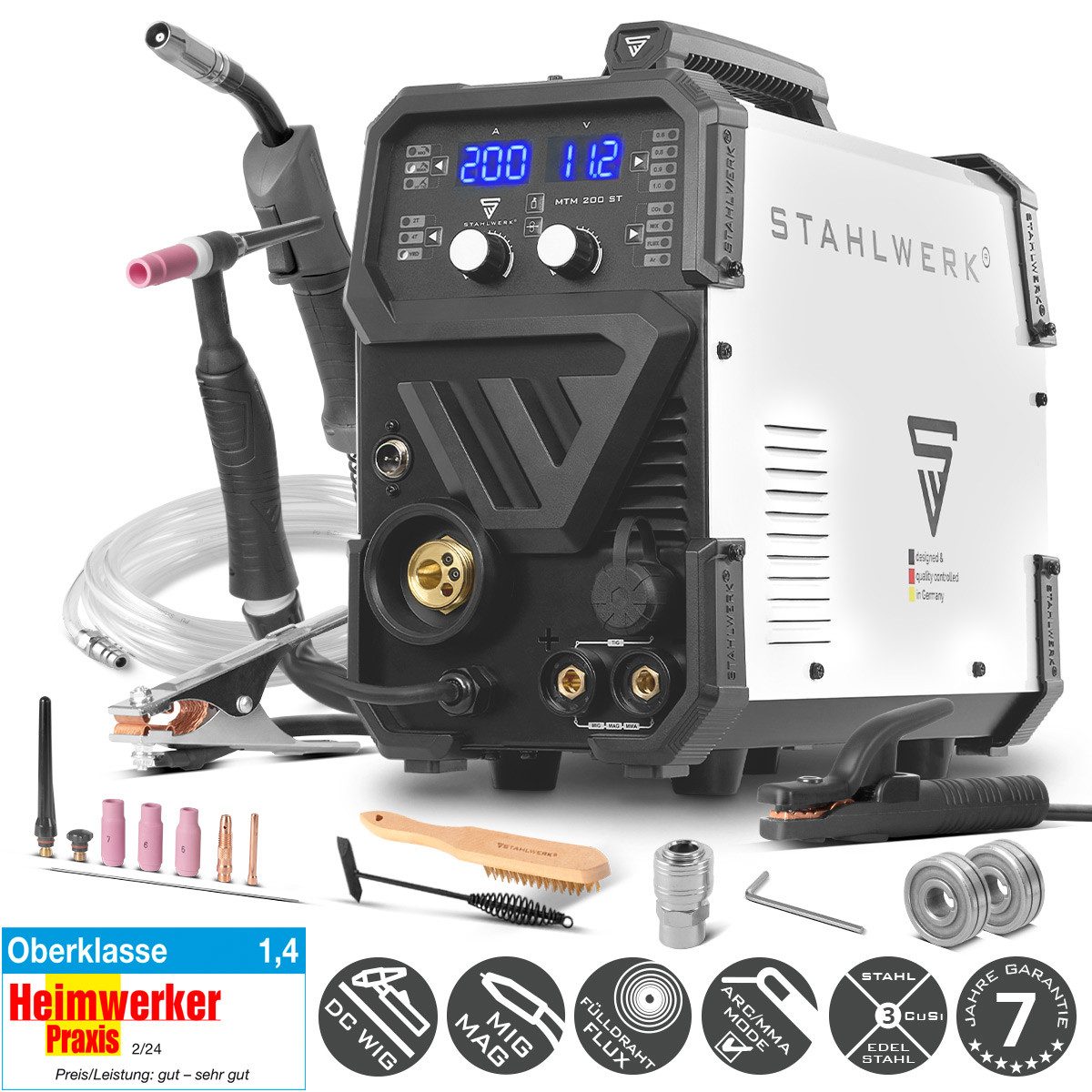 STAHLWERK Inverterschweißgerät Kombi Schweißgerät MTM-200 ST 3-in-1 200 A WIG MIG MAG MMA FLUX, 10 - 200 A, Packung}, 12-tlg., Einzelgerät, mit 200 A und synergischem Drahtvorschub
