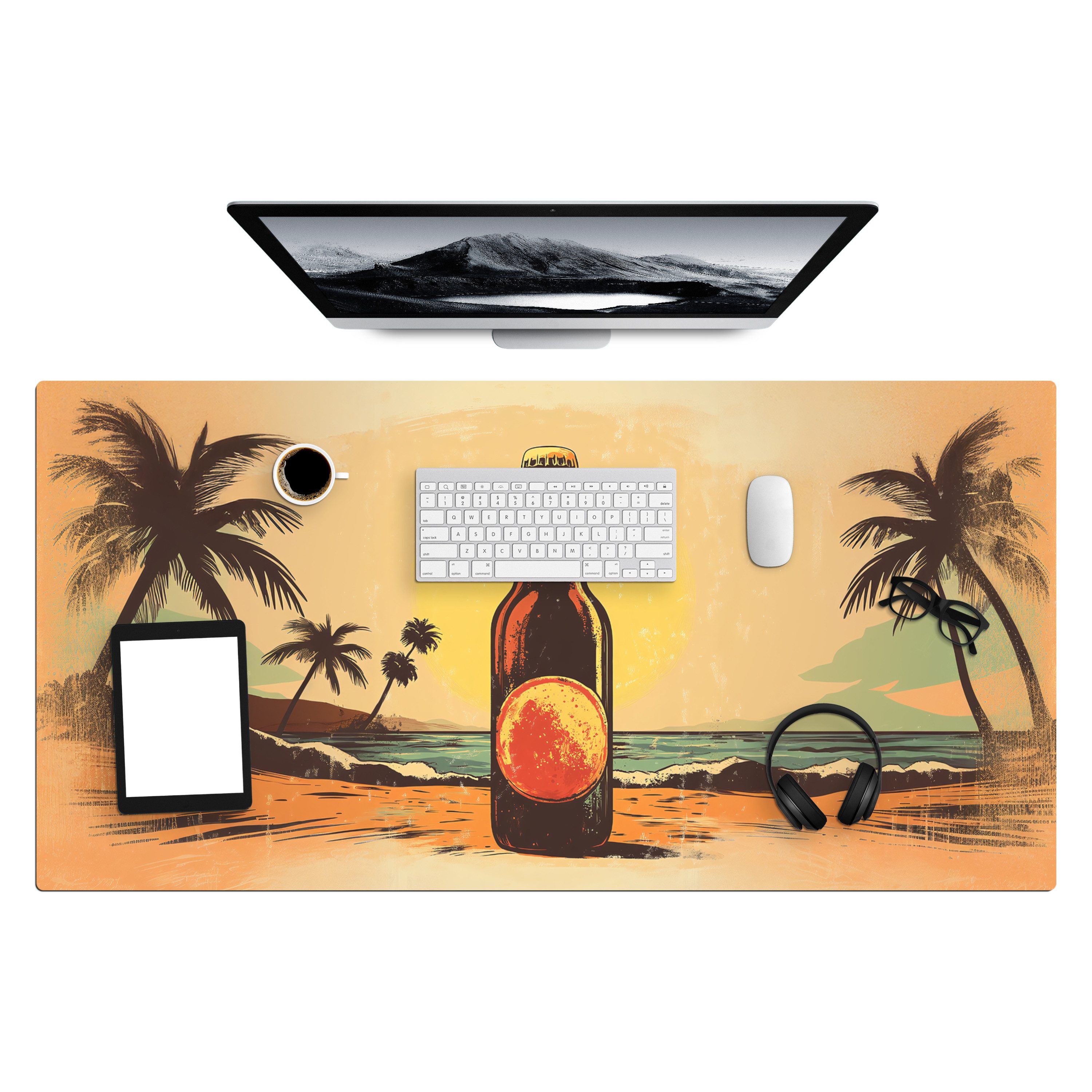 MuchoWow Gaming Mauspad Bierflasche - Sonnenuntergang - Palmen - Meer (1-St), Gaming Mauspad XXL, Schreibtischunterlage, Gaming Zubehör, 120x60 cm
