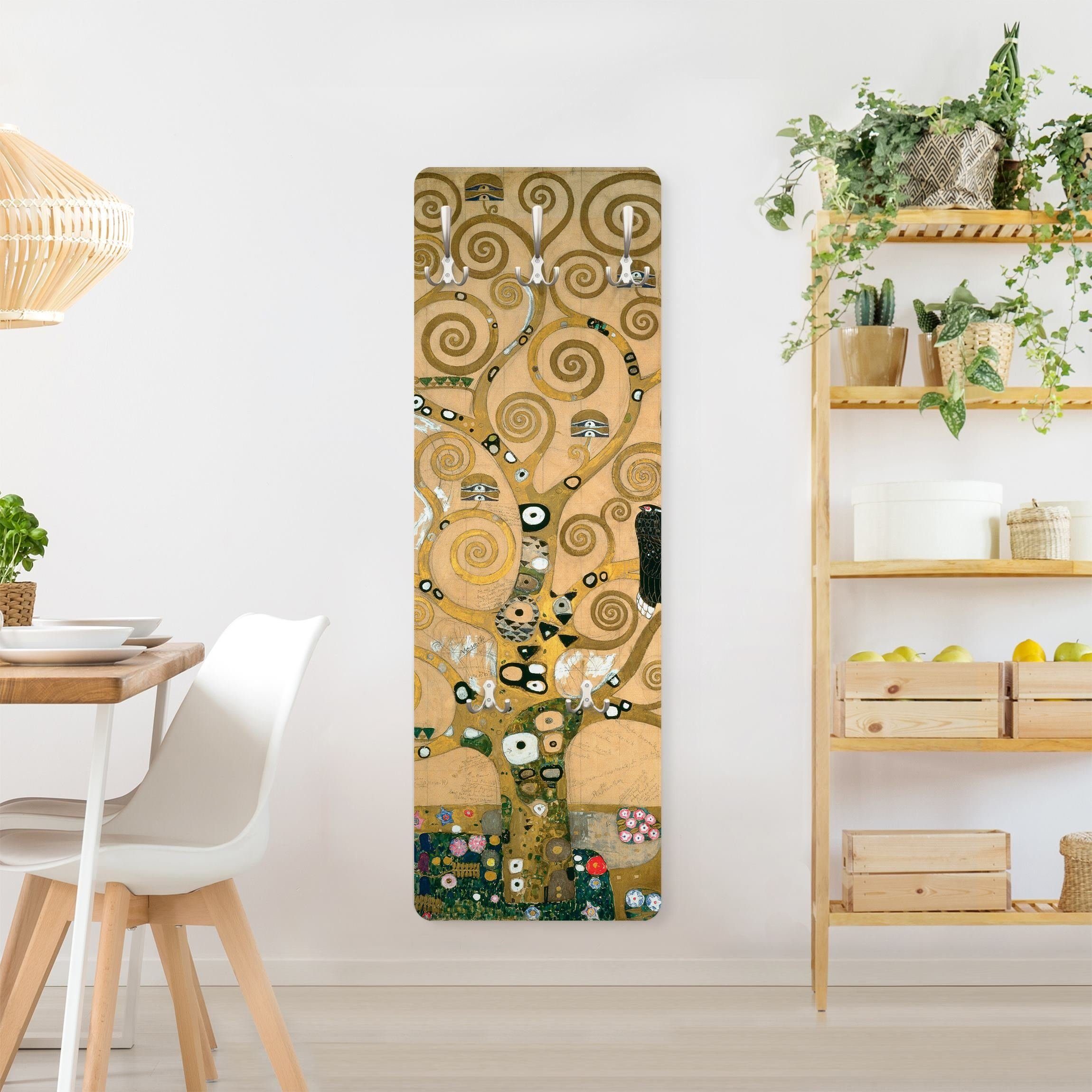 Bilderdepot24 Garderobenpaneel gold Kunst Natur Bäume Wald Gustav Klimt - Der Lebensbaum Design (ausgefallenes Flur Wandpaneel mit Garderobenhaken Kleiderhaken hängend), moderne Wandgarderobe - Flurgarderobe im schmalen Hakenpaneel Design