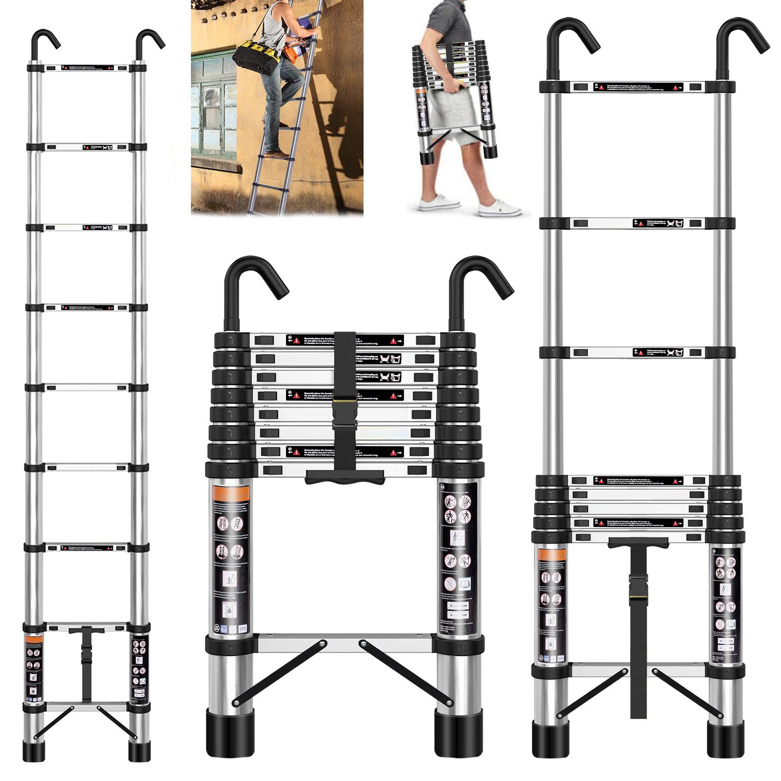 Bundviel Teleskopleiter Mehrzweckleiter Alu Leiter 3,4-4,2m Ausziehleiter bis 150kg, Ausziehleiter Aluminiumleiter Teleskop-Design Mehrzweckleiter