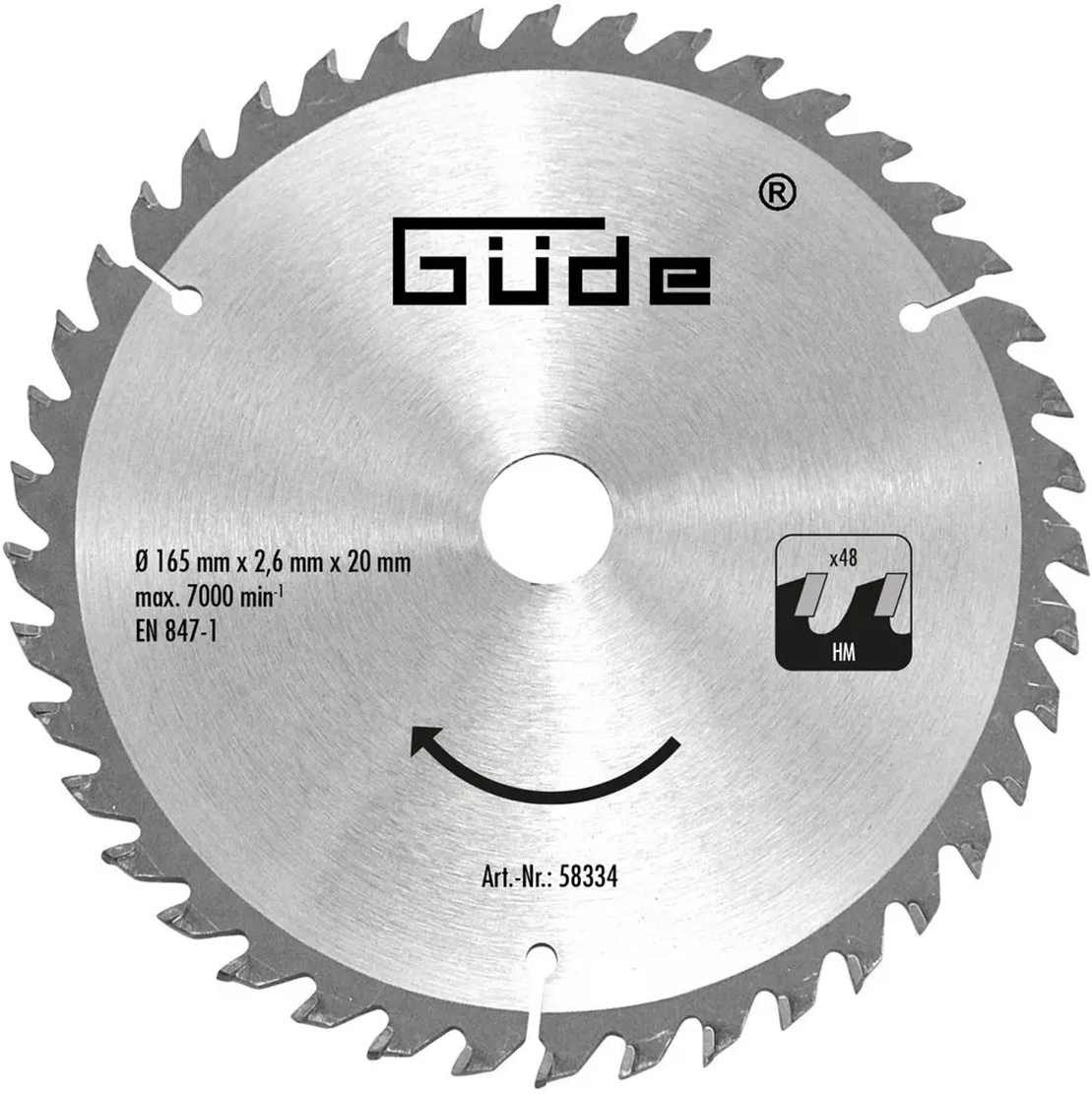 Güde Kreissägeblatt HM-Sägeblatt HM 165x20x24ZZ für Tauchsäge TS 58-1200, TS 57-1400 KE