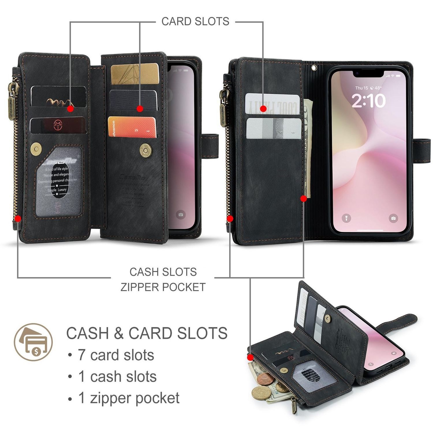 CaseMe Handyhülle Klapptasche für Apple iPhone 17e / 16e Kunstleder Multifunktion Zipper, Kunst-Leder Schutz Tasche Smart Case Multifunktion