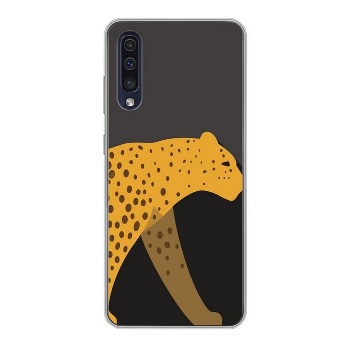 MuchoWow Handyhülle Eine Illustration eines Leoparden auf schwarzem Hintergrund Handyhülle Samsung Galaxy A30s Smartphone-Bumper Print Handy