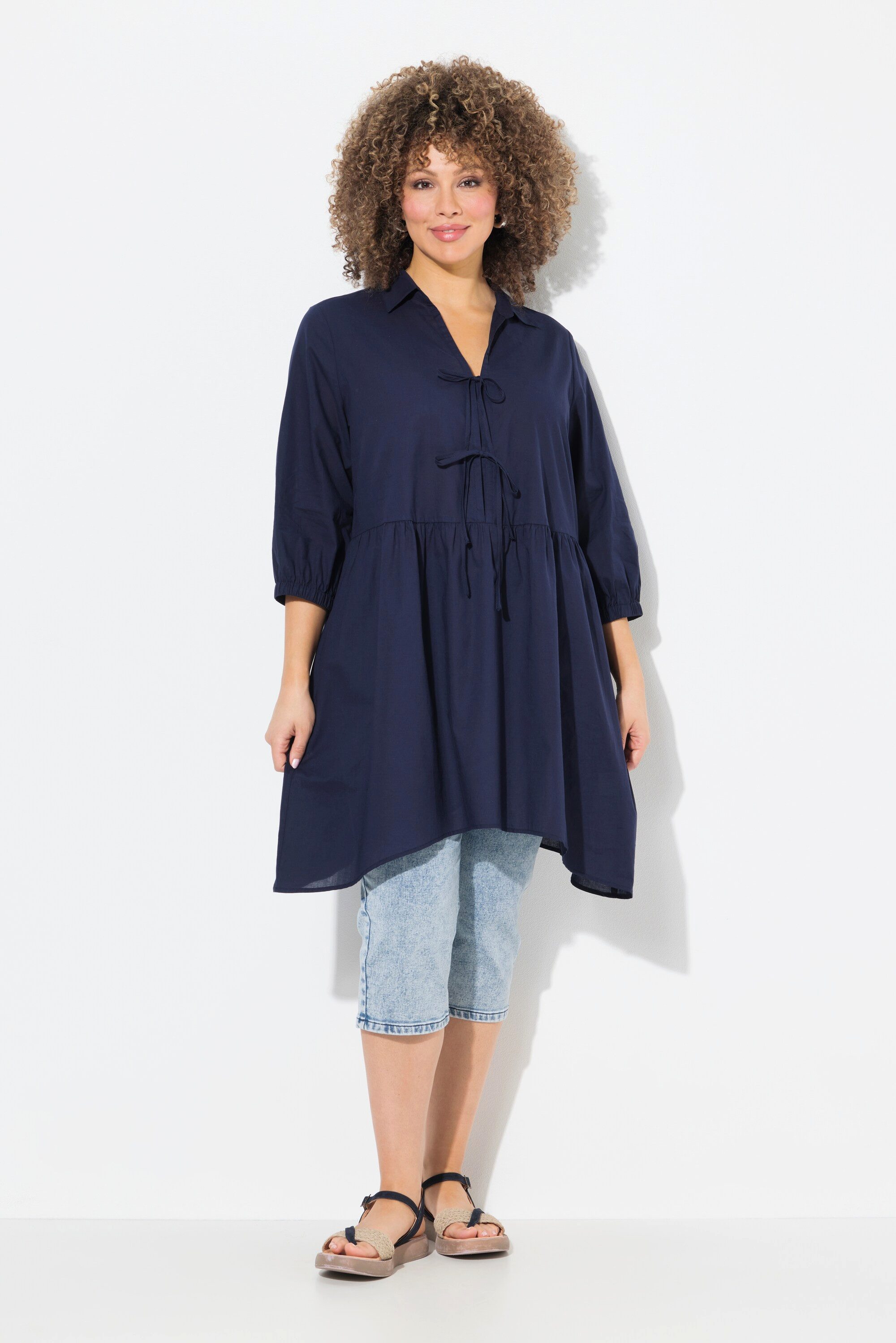 Longbluse Bluse Zipfelsaum A-Linie Hemdkragen 3/4-Arm