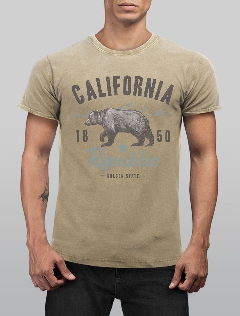 Neverless Print-Shirt Herren Shirt State Neverless® Used Print mit Golden Summer Printshirt Bear Look California Sommer Vintage USA Aufdruck Bär natur T-Shirt