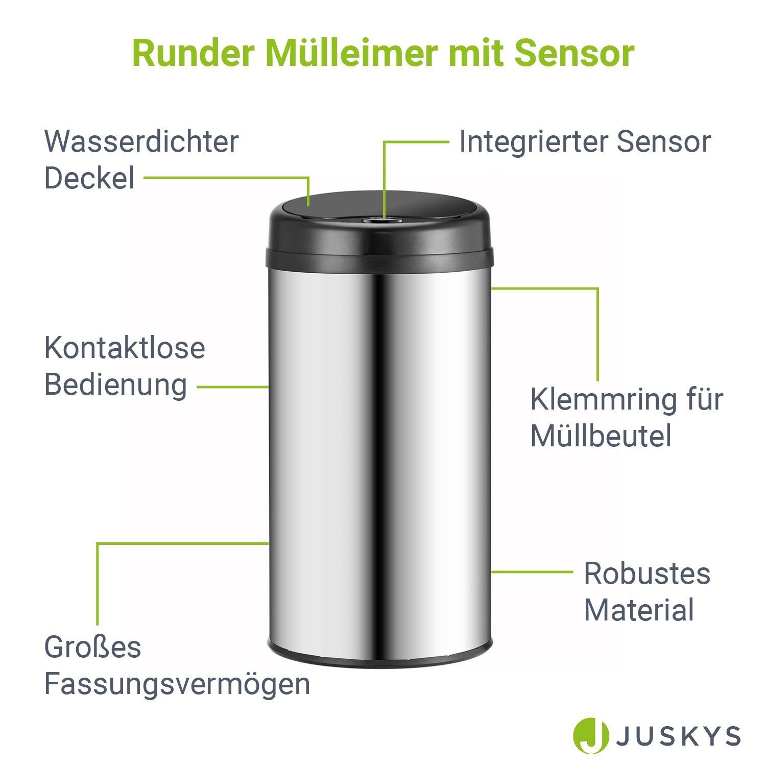 Juskys Mülleimer, 40 L Volumen, / mit Sensor, Schließen, Öffnen geräuscharmes Silber rostfrei