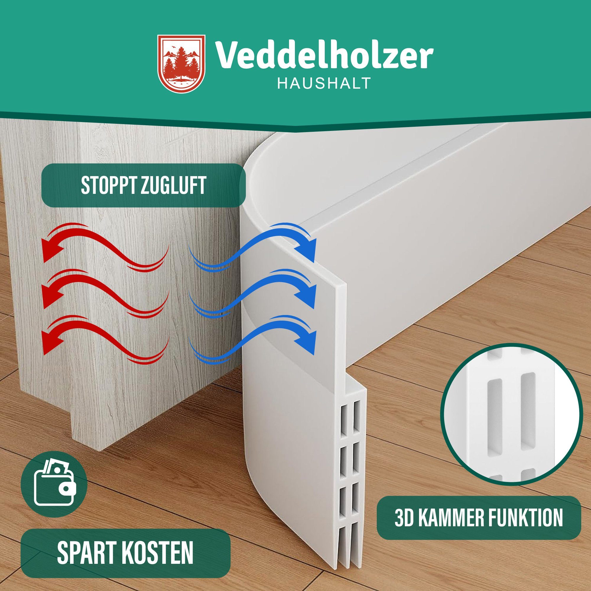 Veddelholzer Türbodendichtung 2 x 1 m zuschneidbar Türdichtung selbstklebend Zugluftstopper, (perfekter Schallschutz Tür sowie Insekten & Geruchsschutz), Türdic – Bild 4 von 5