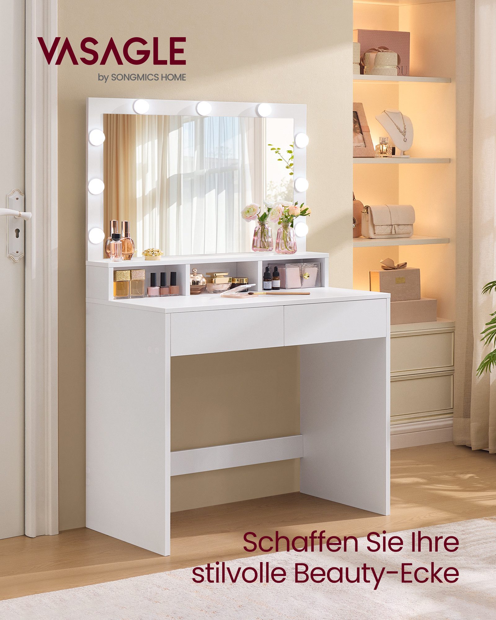 VASAGLE Schminktisch mit LED-Beleuchtung, einstellbare Helligkeit, günstig online kaufen