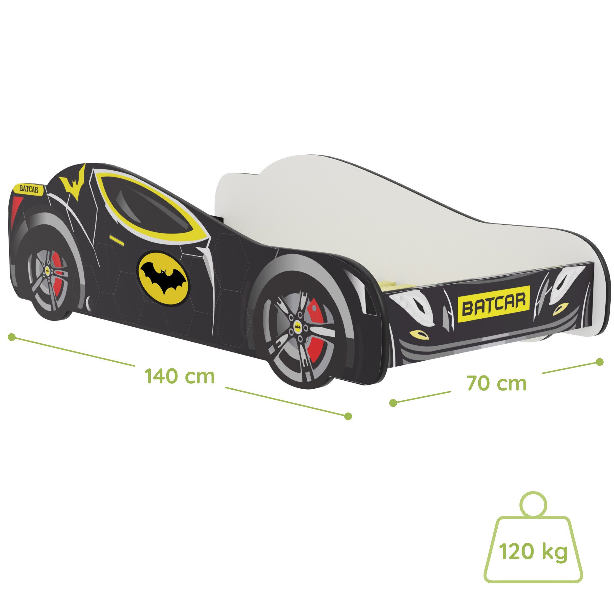 Kids Collective Car Bed 70x140 / 80x160 cm Children's Bed/Youth Bed with Fall Protection (Batman Batmobile Bat Car Play Bed, Batman Batmobile Bat Car Play Bed), Children's Bed 70x140 cm with Slatted Base - for children from 2 years old