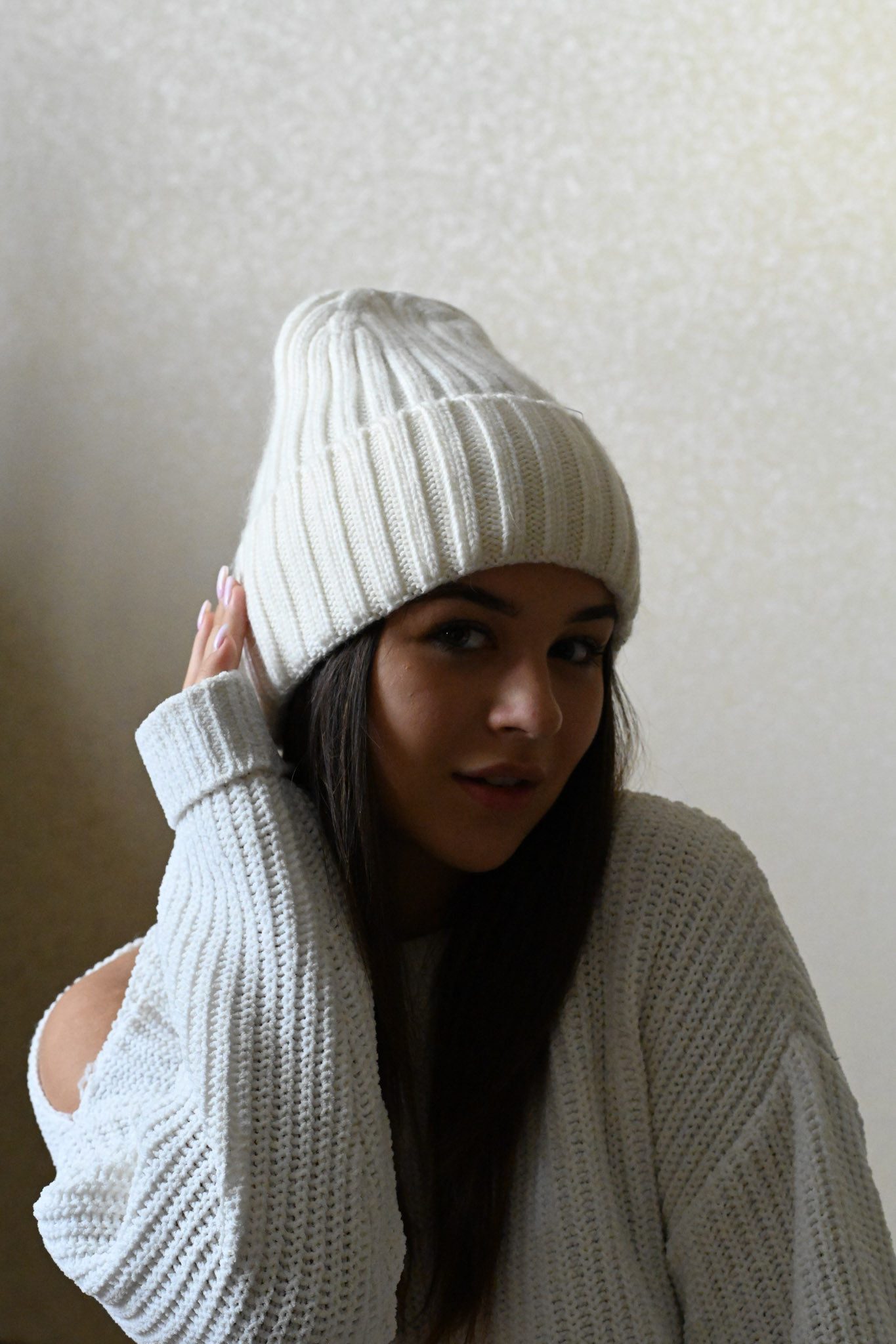 Runde Perlé Beanie warme Wintermütze 100% Merinowolle weiß Beanie aus reiner, extrafeiner Merinowolle mit Umschlag