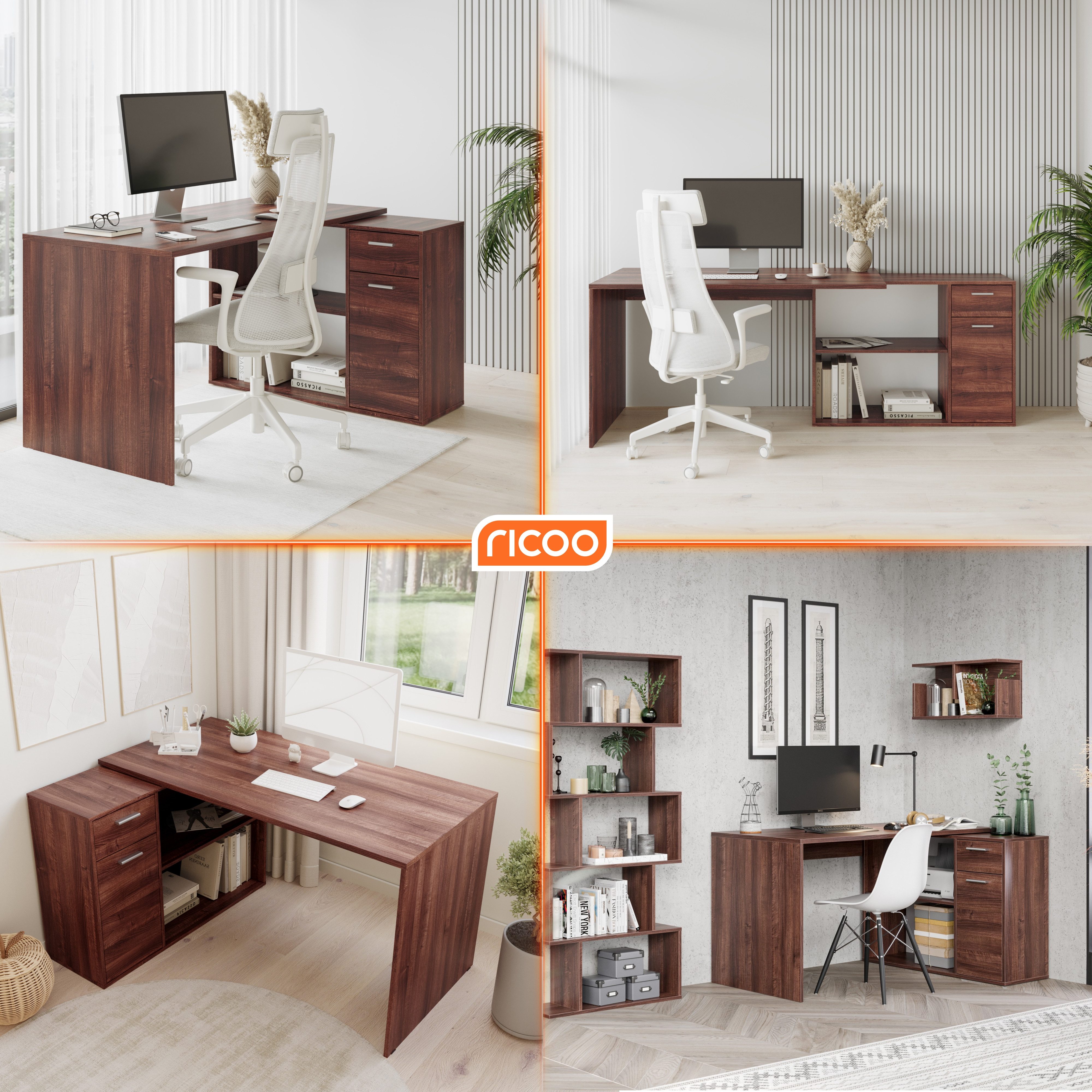RICOO Eckschreibtisch WM083-OW (1-St), Schreibtisch Bürotisch Ecke für Kinder & Erwachsene klein in L Form