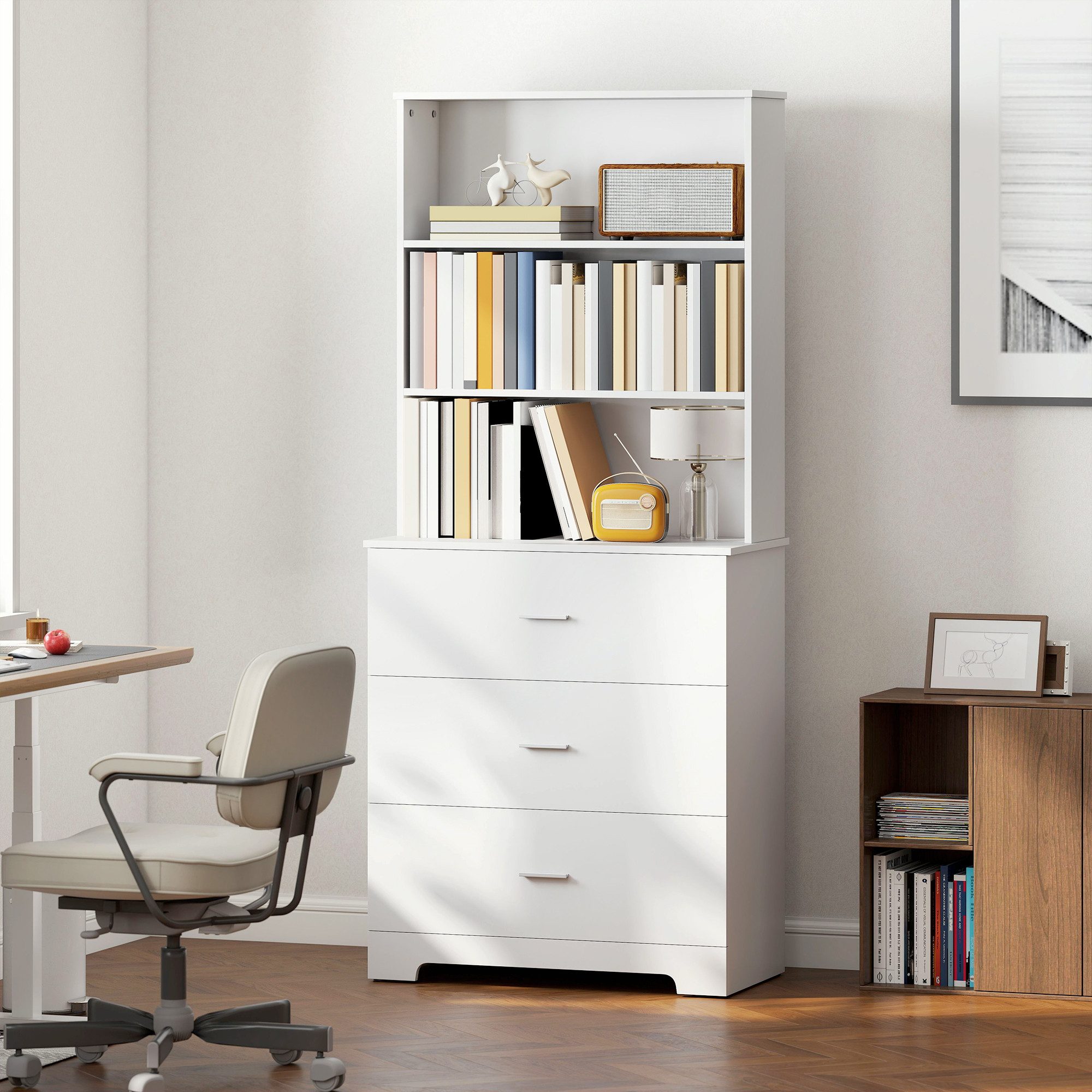 HOMCOM Bücherregal Hochschrank Vitrinenschrank mit 3 Schubladen, 3 offenen Regalen, Bücherschrank 180 cm 1-tlg., für Wohnzimmer, Büro, Weiß