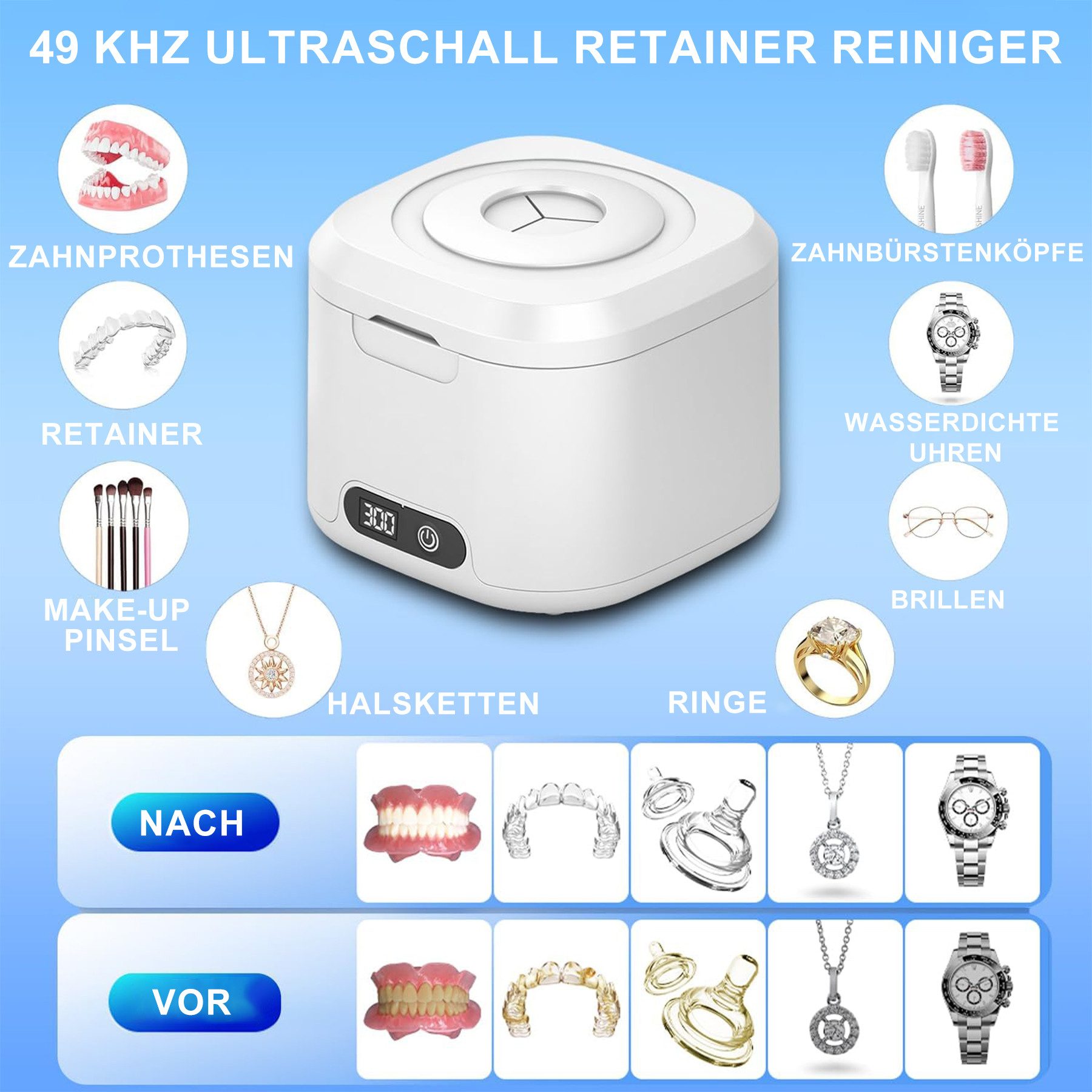 Senmudi Ultraschallreiniger Ultraschallreinigungsgerät 50000Hz mit 4 Modes, 340ML Ultraschallreiniger - Ultrasonic Cleaner für Zahnersatz,Retainer