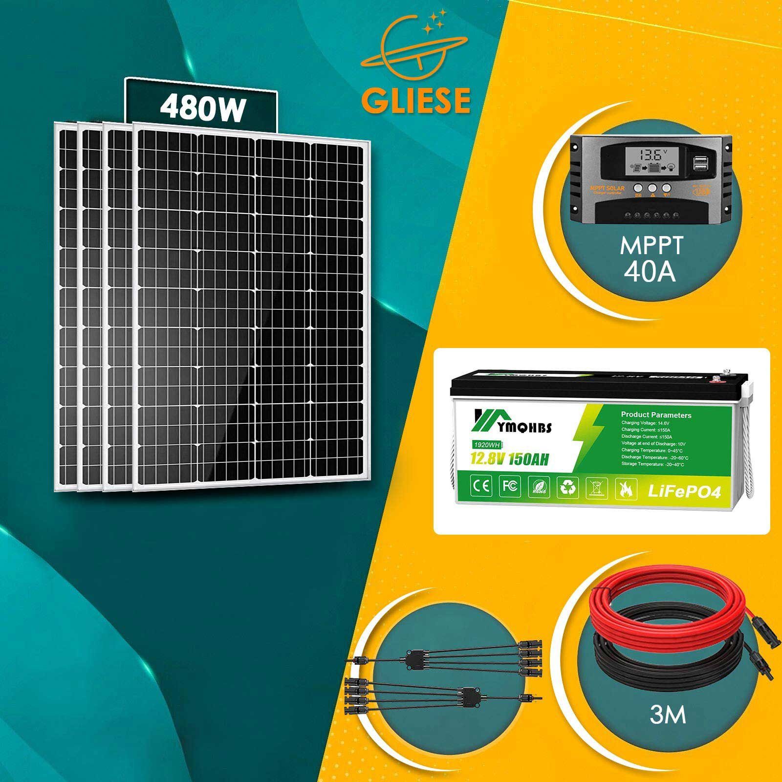 GLIESE Solarmodul 480W Solarmodul Kit mit 150AH LiFePO4 Akku, 480,00 W, Monokristallin