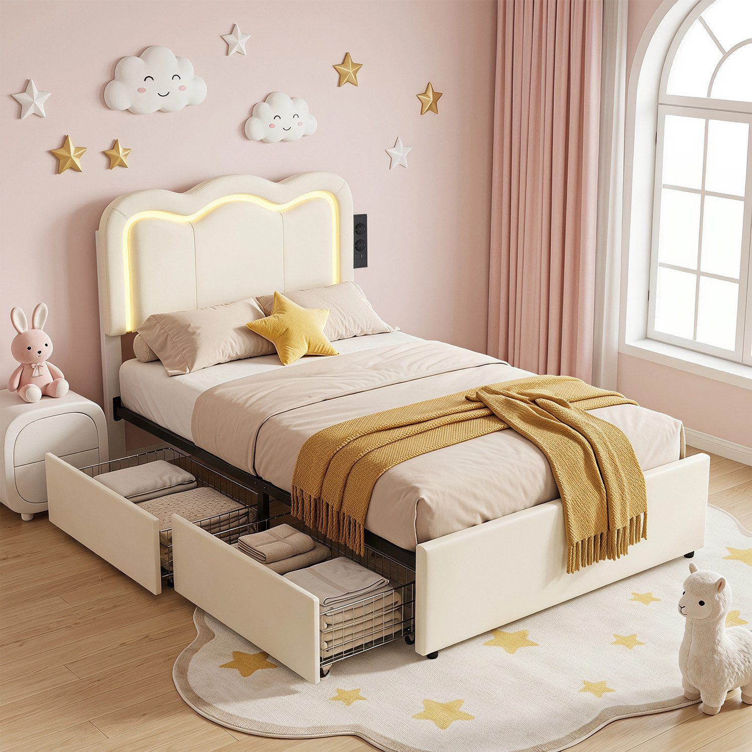oyajia Polsterbett Kinderbett Stauraumbett, Ladestation & LED-Beleuchtung,PU-Kunstleder (Kopfteil hochstellbar, 4 Schubladen), Modernes Jugendbett, Leises Design Bett, Max. Belastbarkeit 350 kg