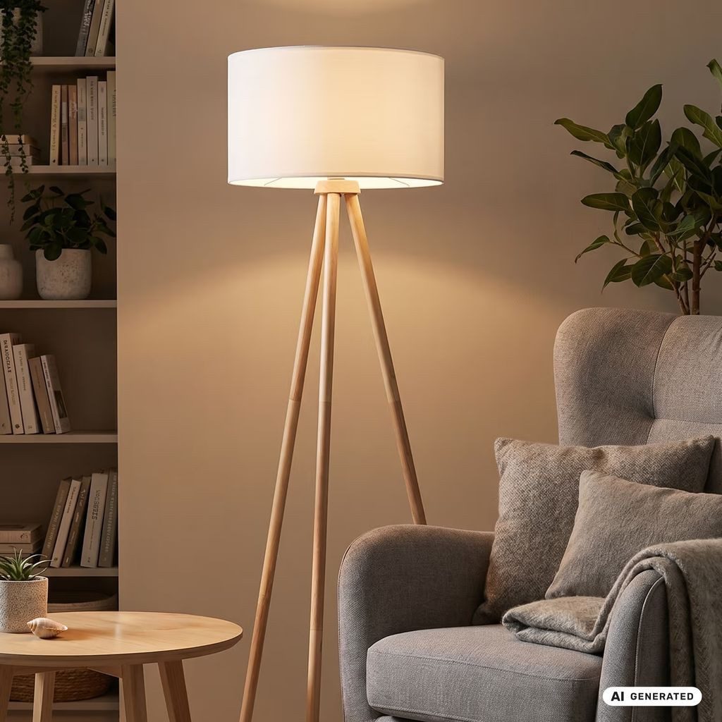 Briloner Leuchten Stehlampe LED Stehleuchte weiß Stoffschirm Holzfuß 1379-016, ohne Leuchtmittel, 2700K - Extra-Warmweiß