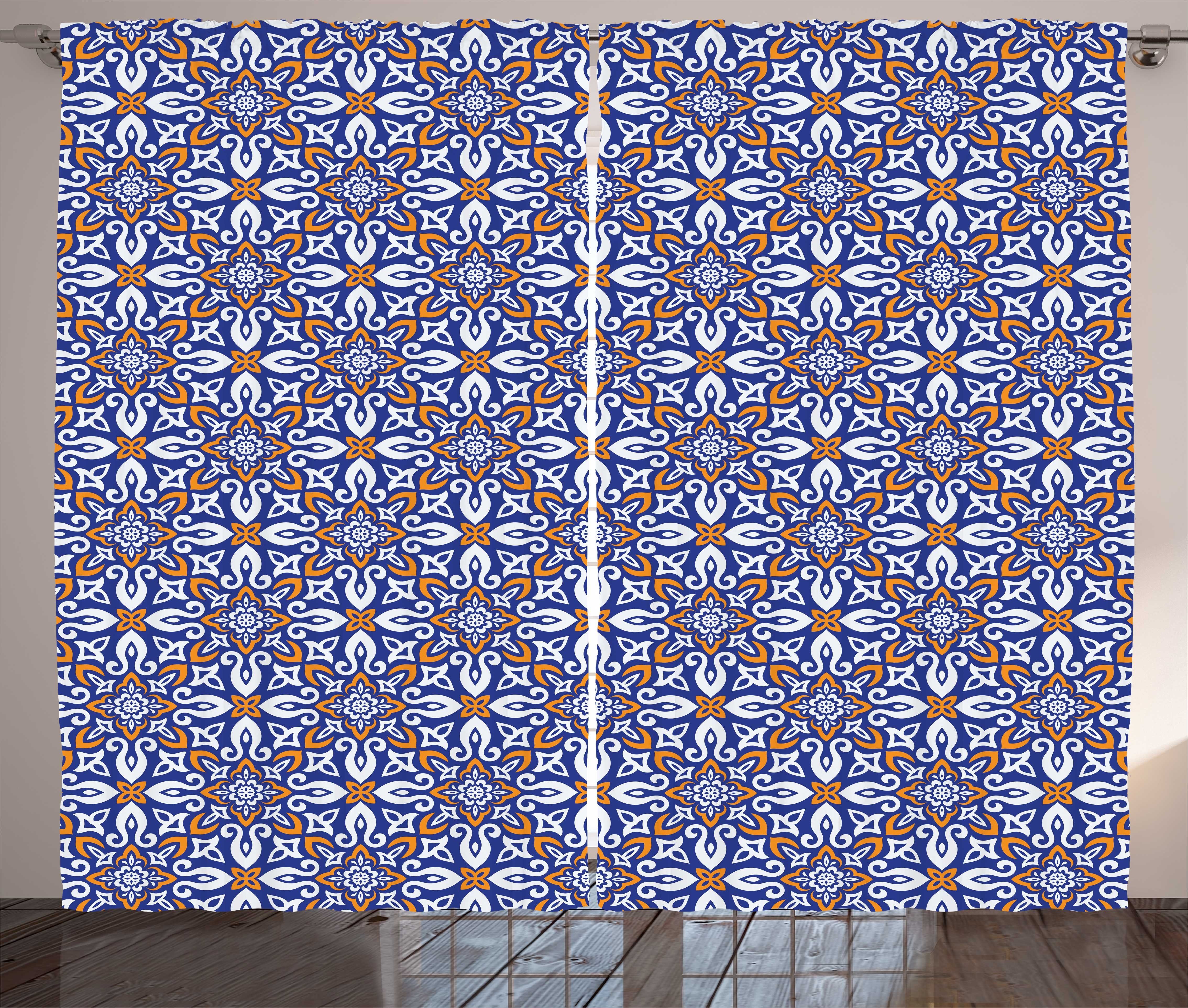Gardine Schlafzimmer Kräuselband Vorhang mit Schlaufen und Haken, Abakuhaus, Mosaik Azulejo Floral Folk-Motive